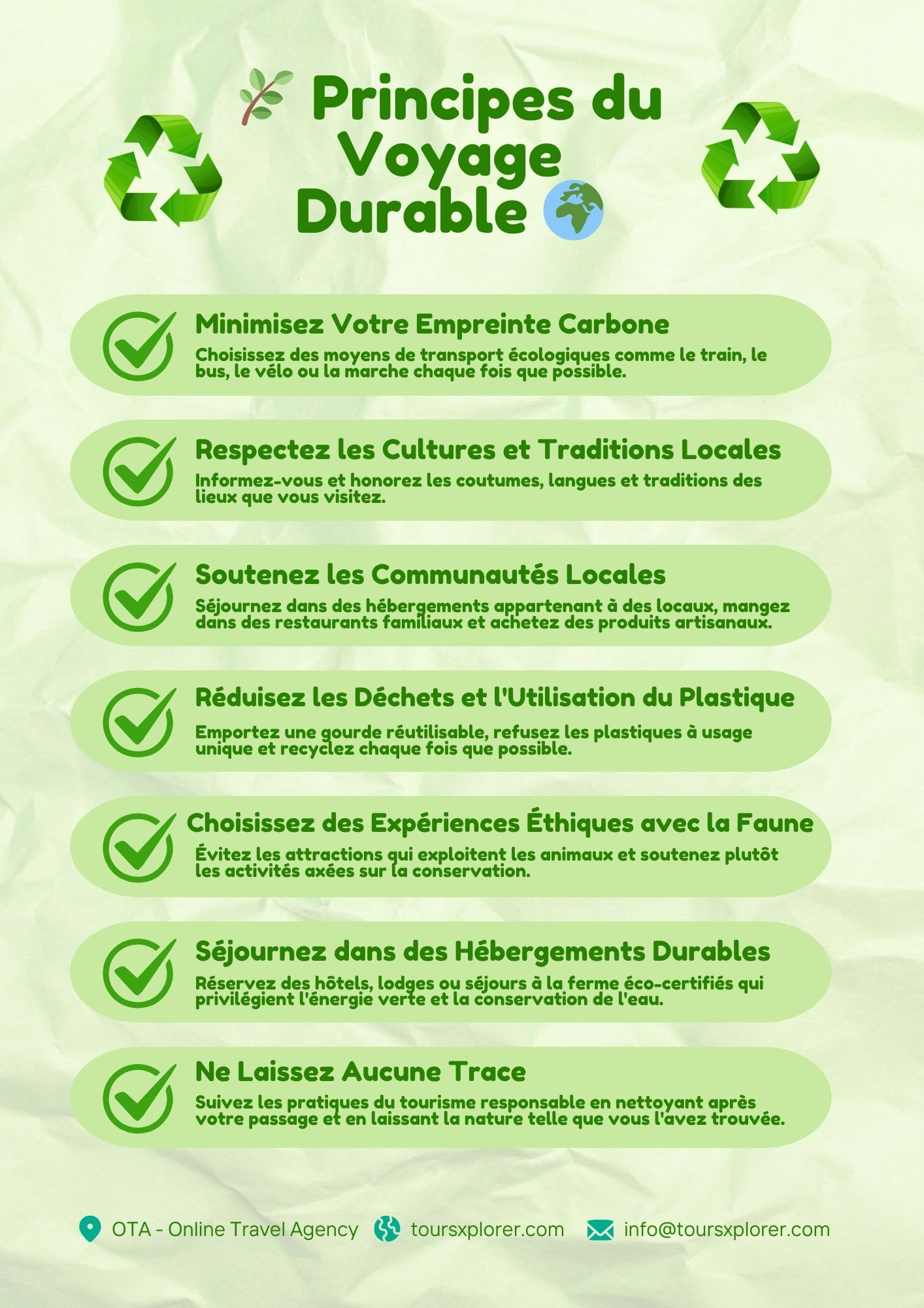 Infographie - Liste de contrôle des pratiques de voyage durables pour les voyageurs soucieux de l'environnement.
