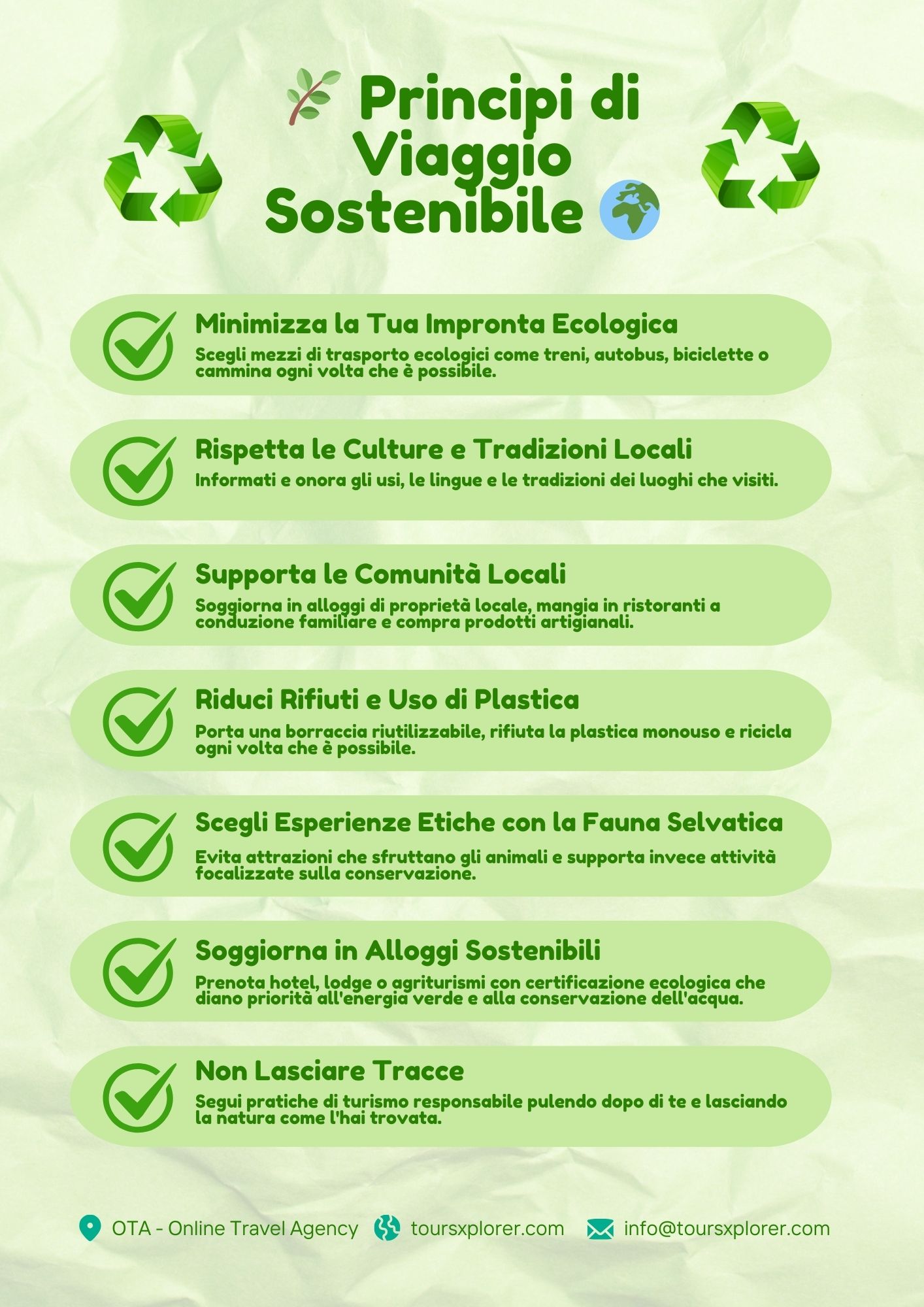 Infografica - Lista di controllo delle pratiche di viaggio sostenibili per i viaggiatori eco-consapevoli.