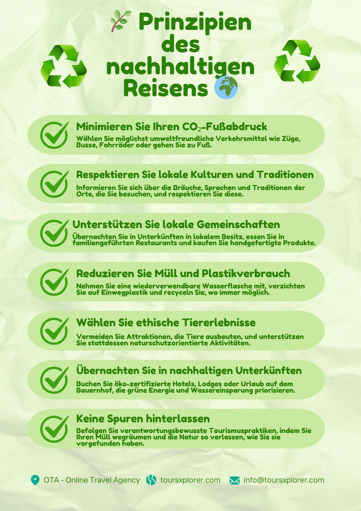 Infografik – Checkliste nachhaltiger Reisepraktiken für umweltbewusste Reisende.