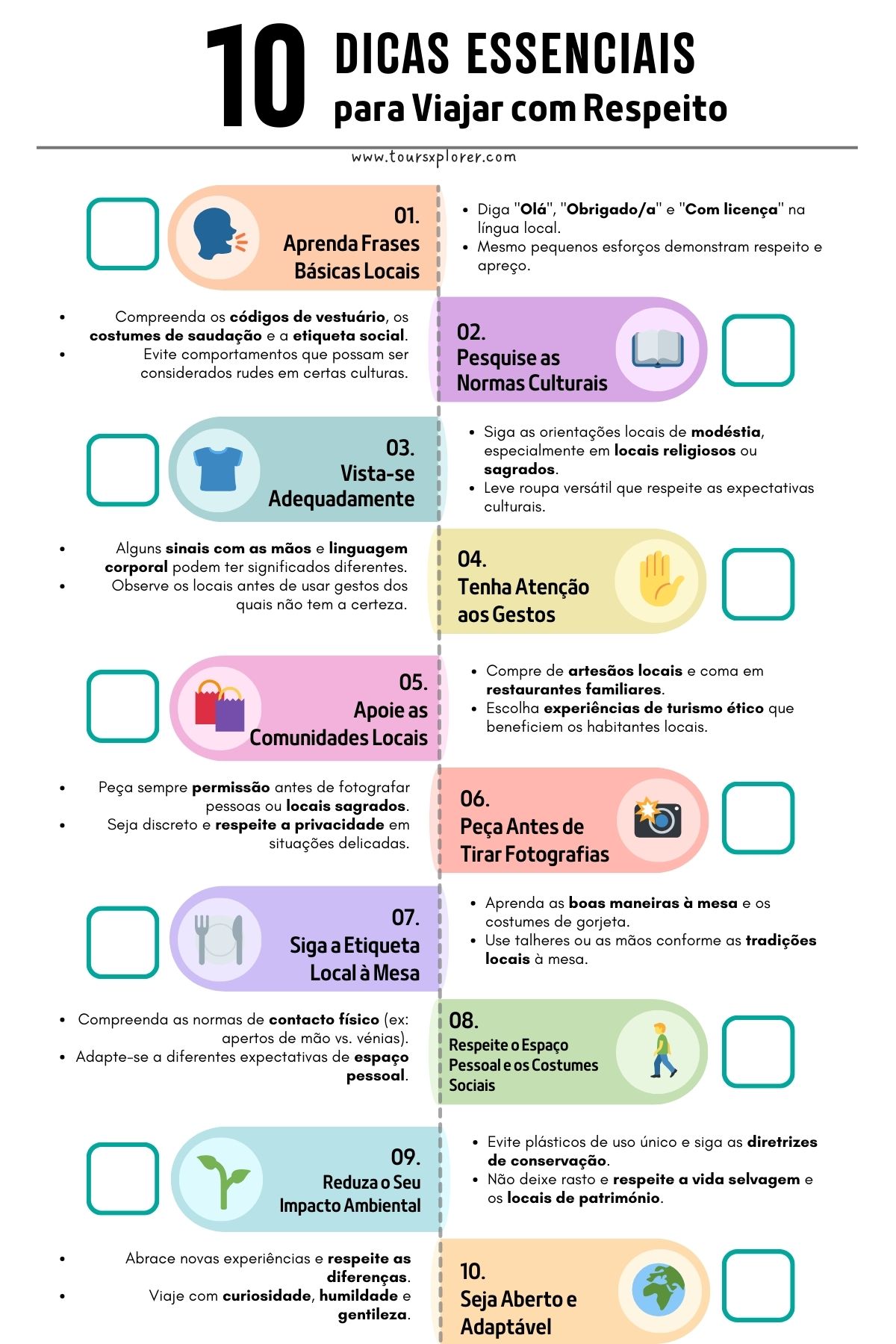 Lista de verificação com 10 dicas de viagem respeitosas, incluindo consciência cultural, etiqueta fotográfica e práticas de viagem sustentáveis.