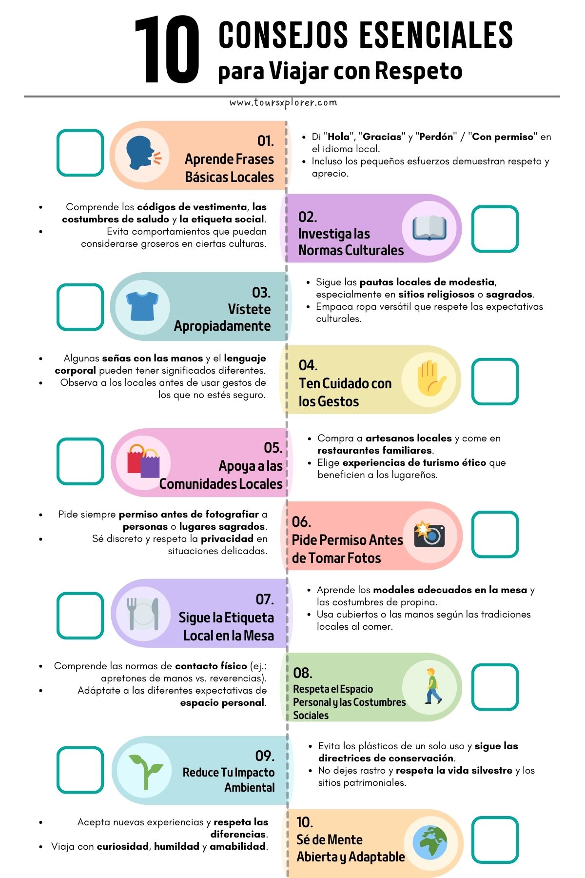 Lista de verificación de 10 consejos para viajar con respeto, que incluyen conciencia cultural, etiqueta fotográfica y prácticas de viaje sostenibles.