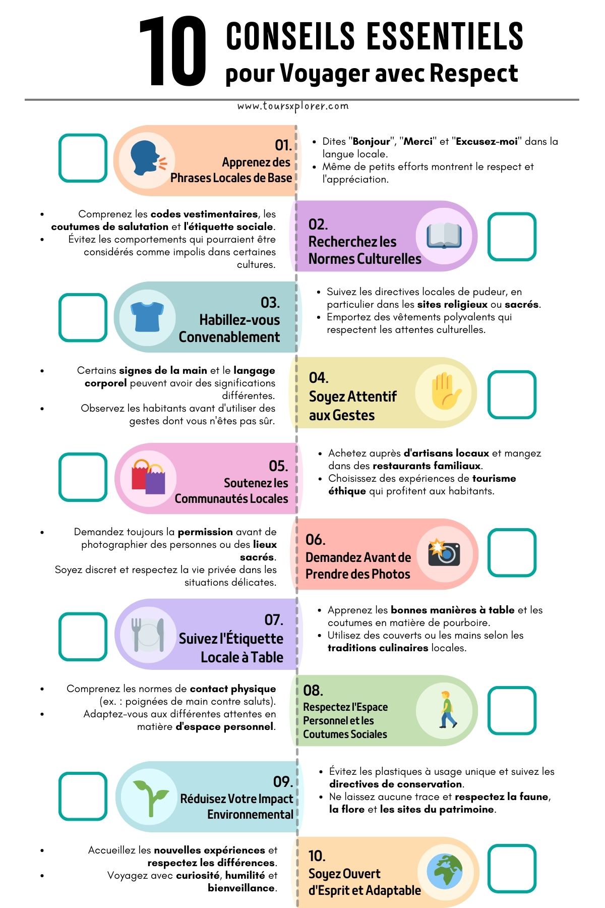 Liste de contrôle de 10 conseils de voyage respectueux, y compris la sensibilisation culturelle, l'étiquette photographique et les pratiques de voyage durables.