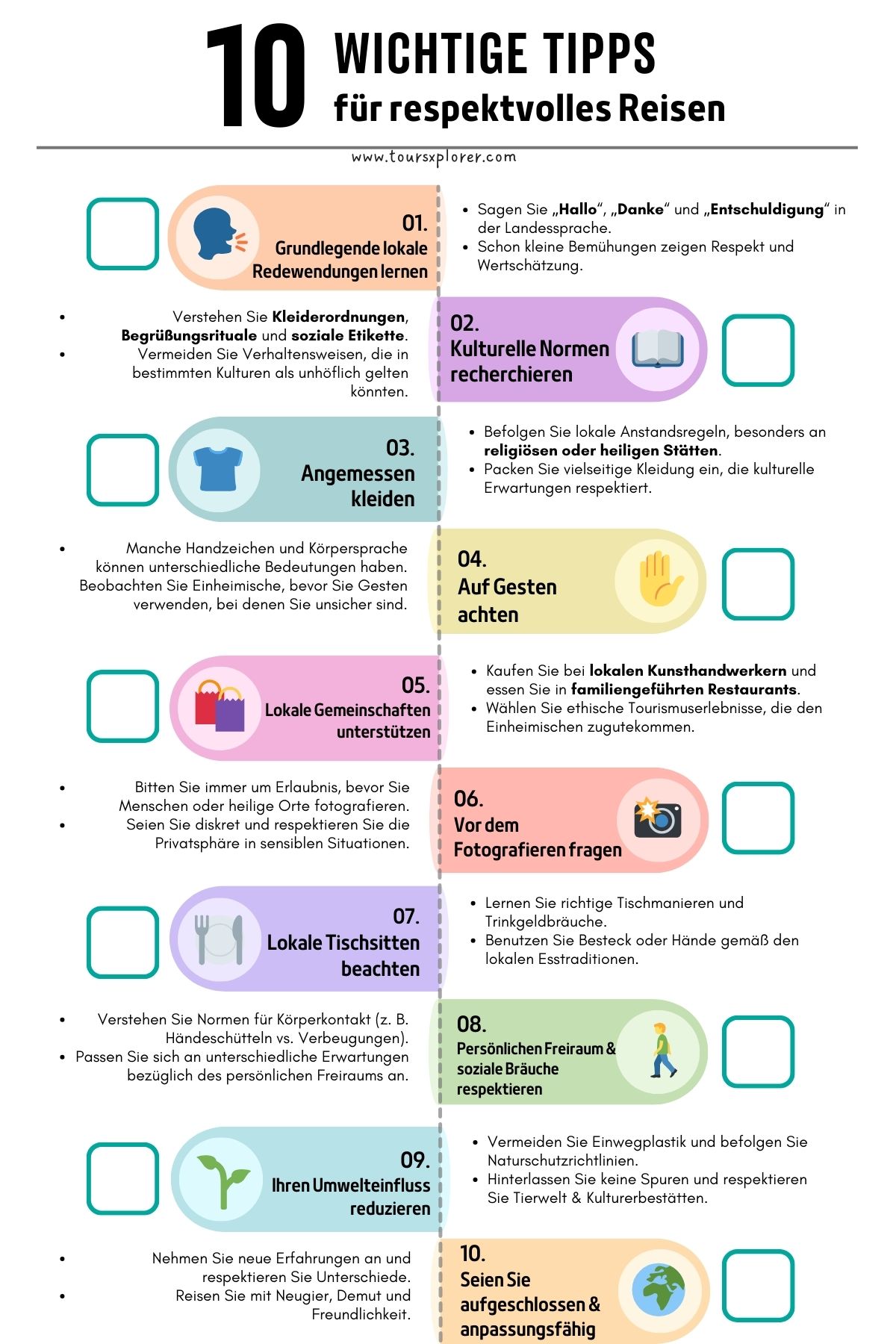 Checkliste mit 10 Tipps für respektvolles Reisen, darunter kulturelles Bewusstsein, Fotografie-Etikette und nachhaltige Reisepraktiken.