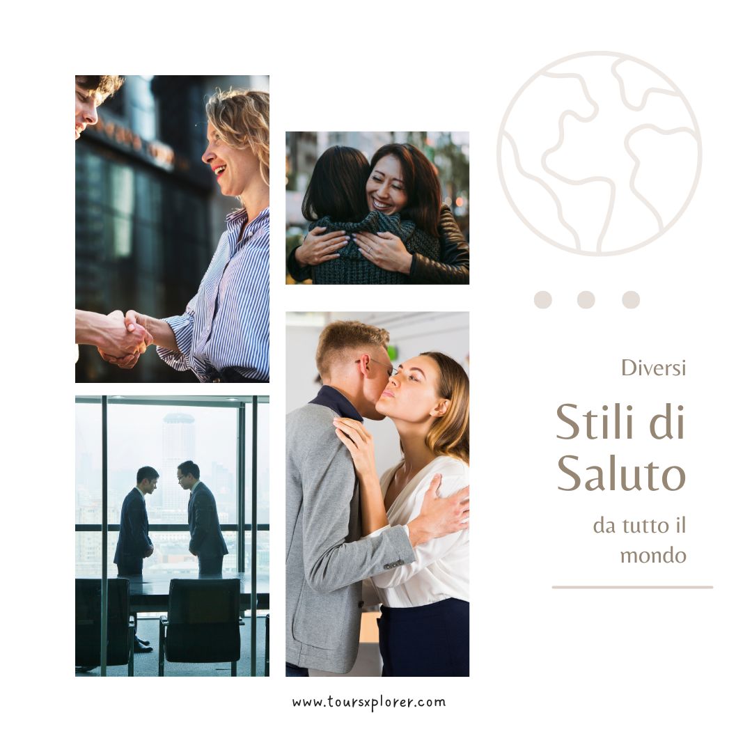 Diversi stili di saluto culturali, tra cui la stretta di mano, l'inchino e il bacio sulla guancia.