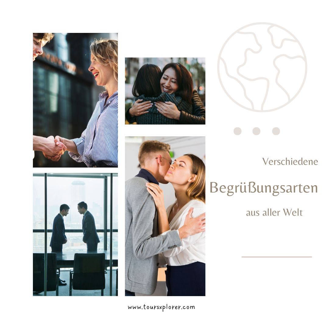 Verschiedene kulturelle Begrüßungsstile, darunter Händedruck, Verbeugung und Wangenkuss.