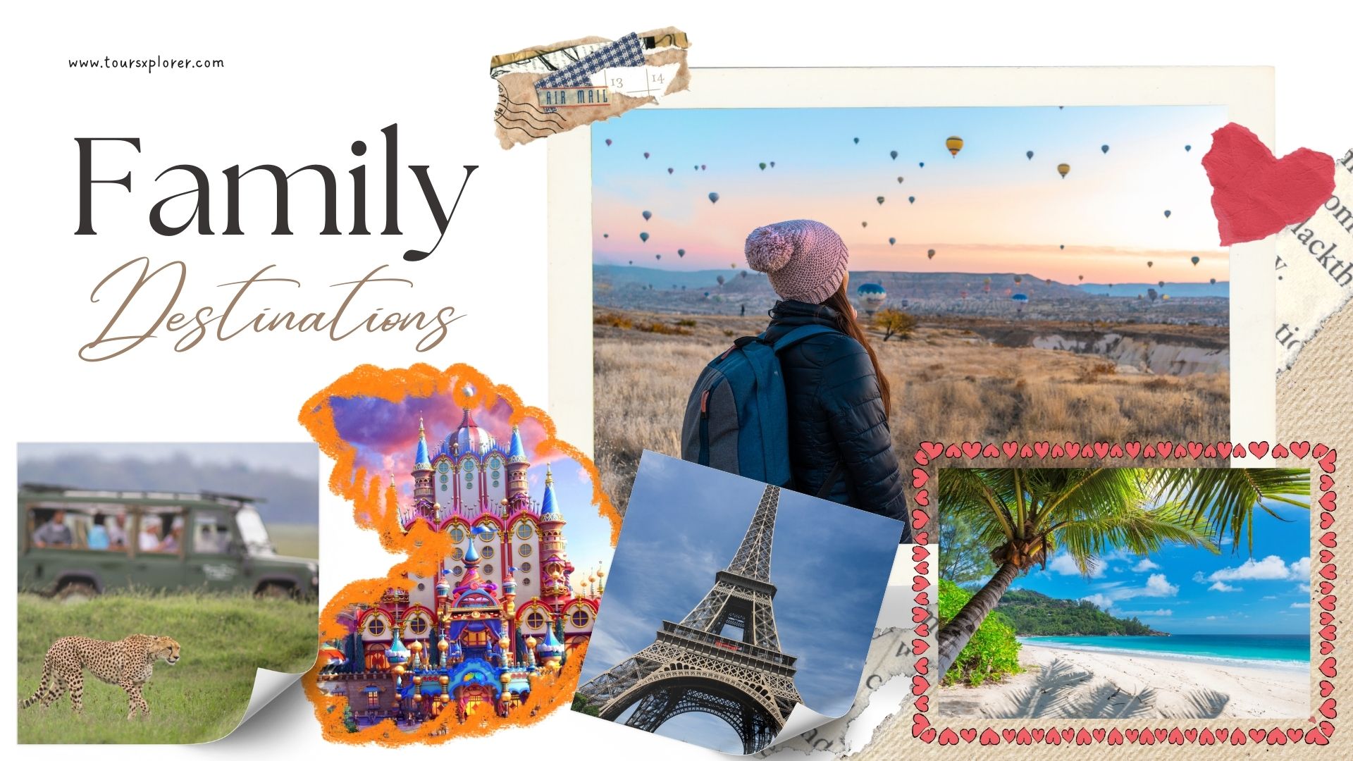 A collage of family-friendly travel destinations, including a theme park, a beach, and a cultural site