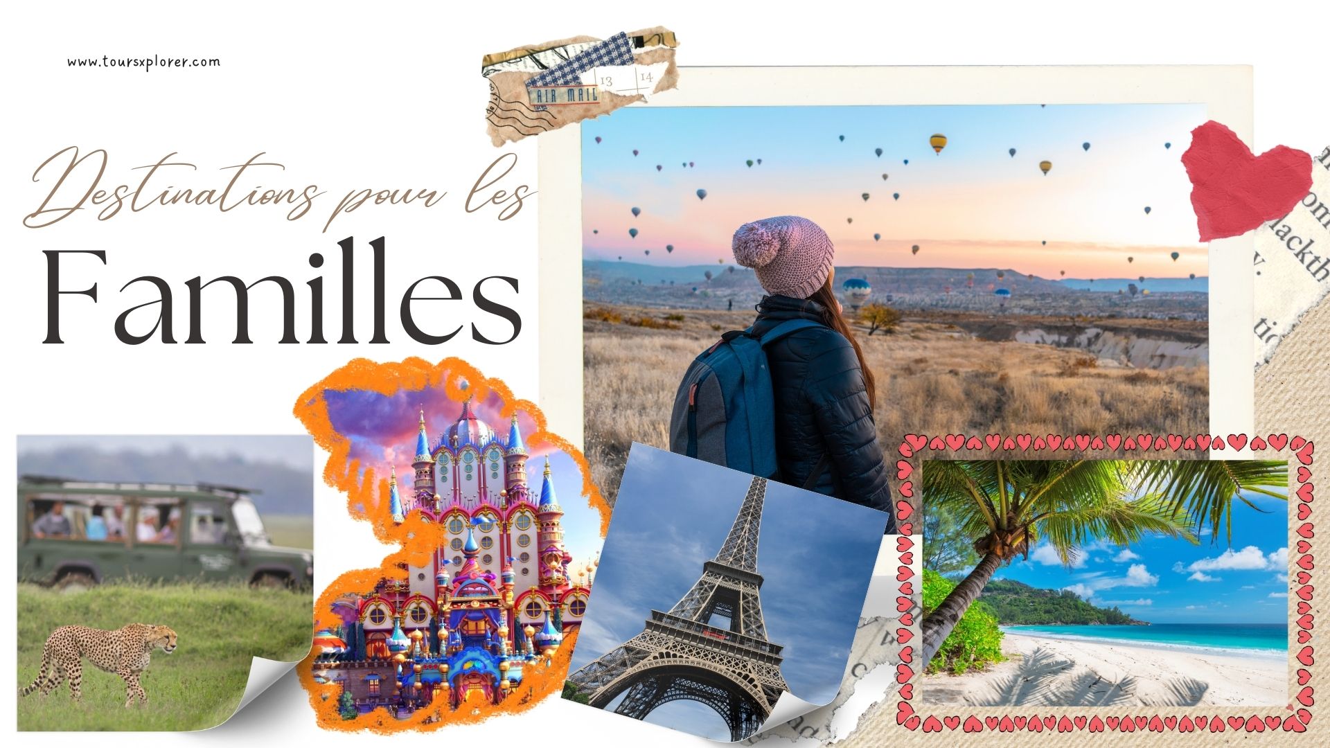 Un collage de destinations de voyage familiales, comprenant un parc à thème, une plage et un site culturel