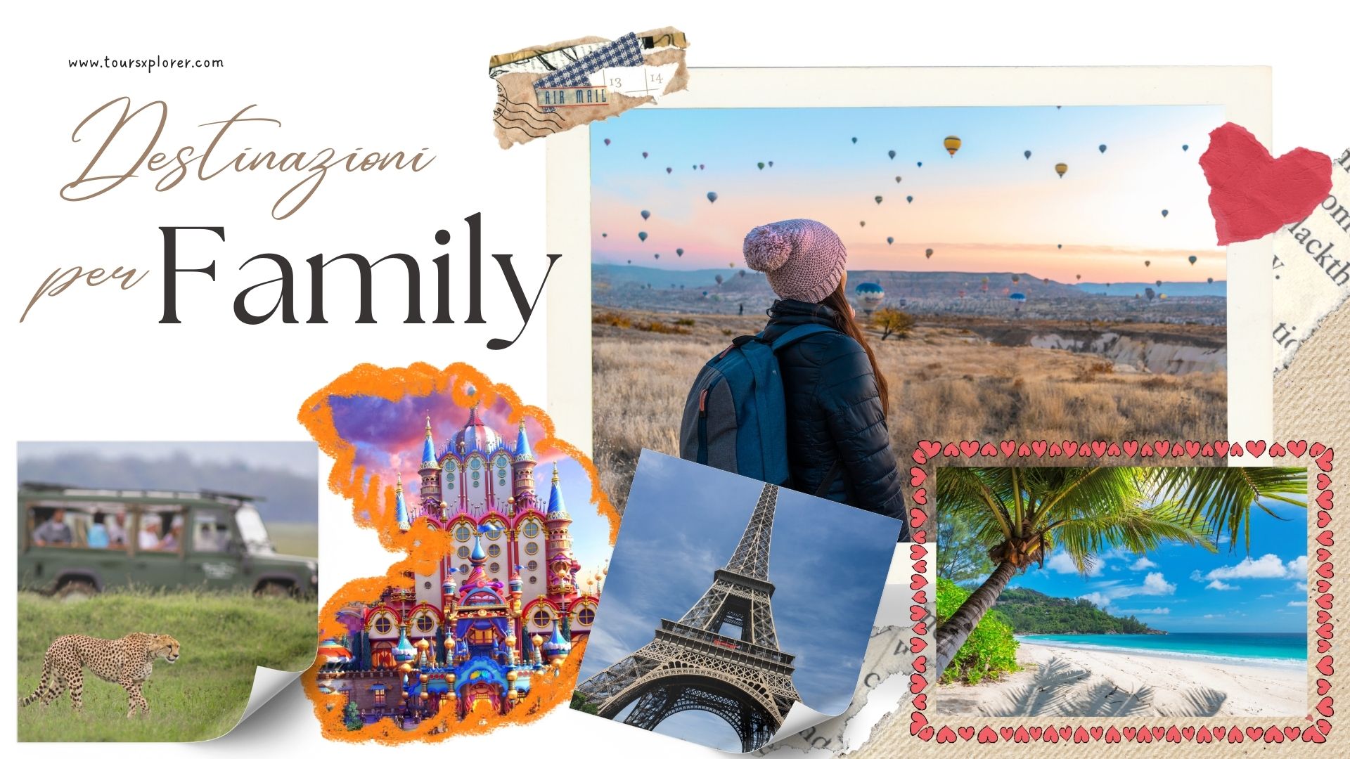 Un collage di destinazioni di viaggio adatte alle famiglie, tra cui un parco a tema, una spiaggia e un sito culturale