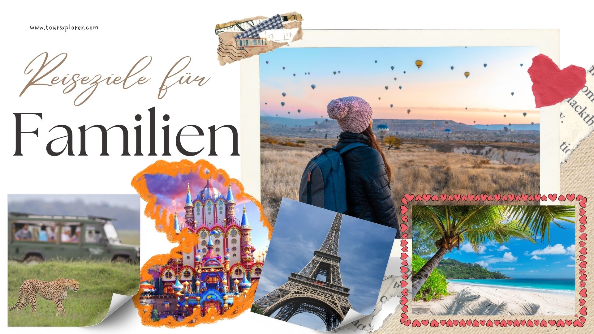 Eine Collage aus familienfreundlichen Reisezielen, darunter ein Themenpark, ein Strand und eine kulturelle Stätte