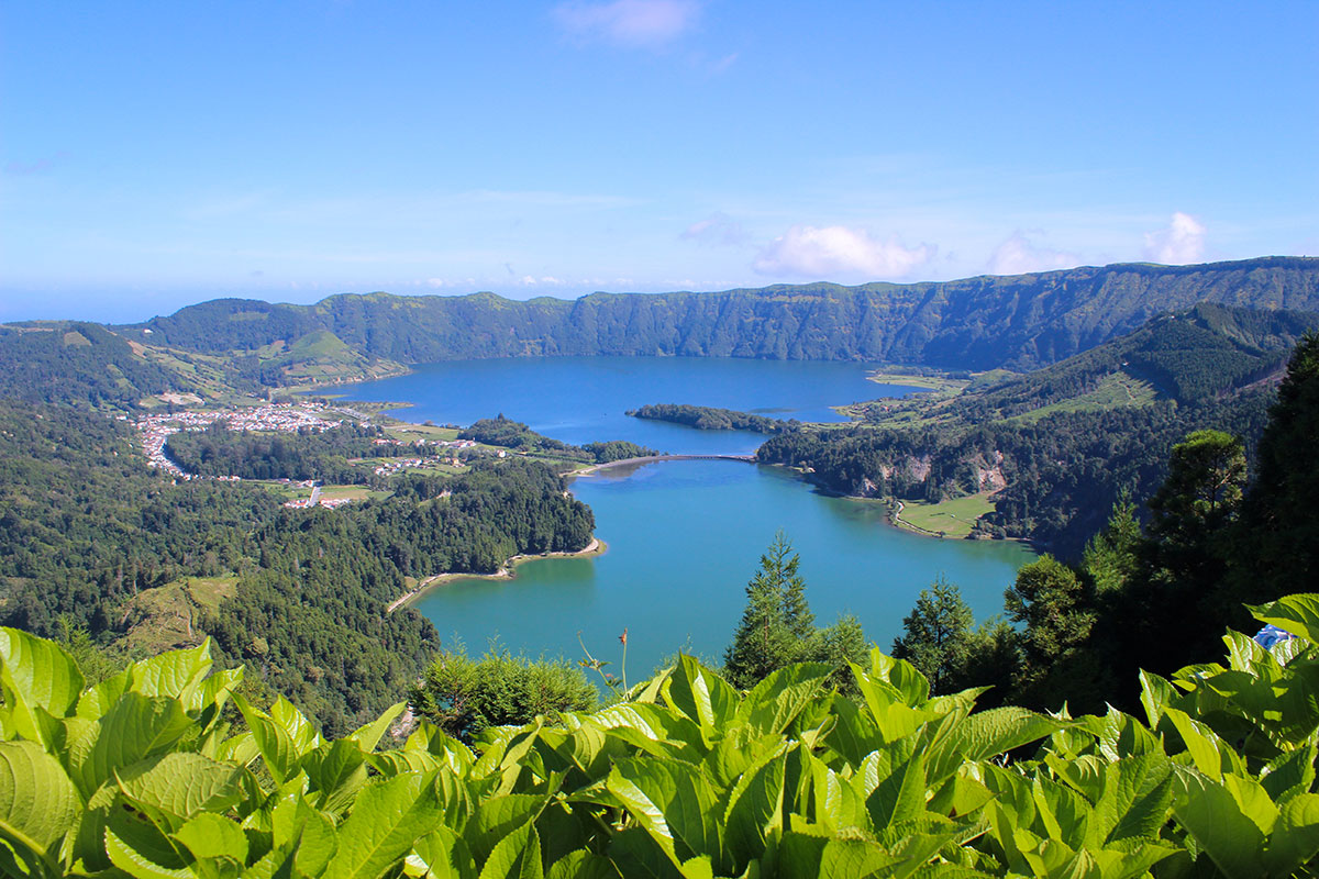 Overhead view of the twin lakes of Sete Cidades in a volcanic caldera