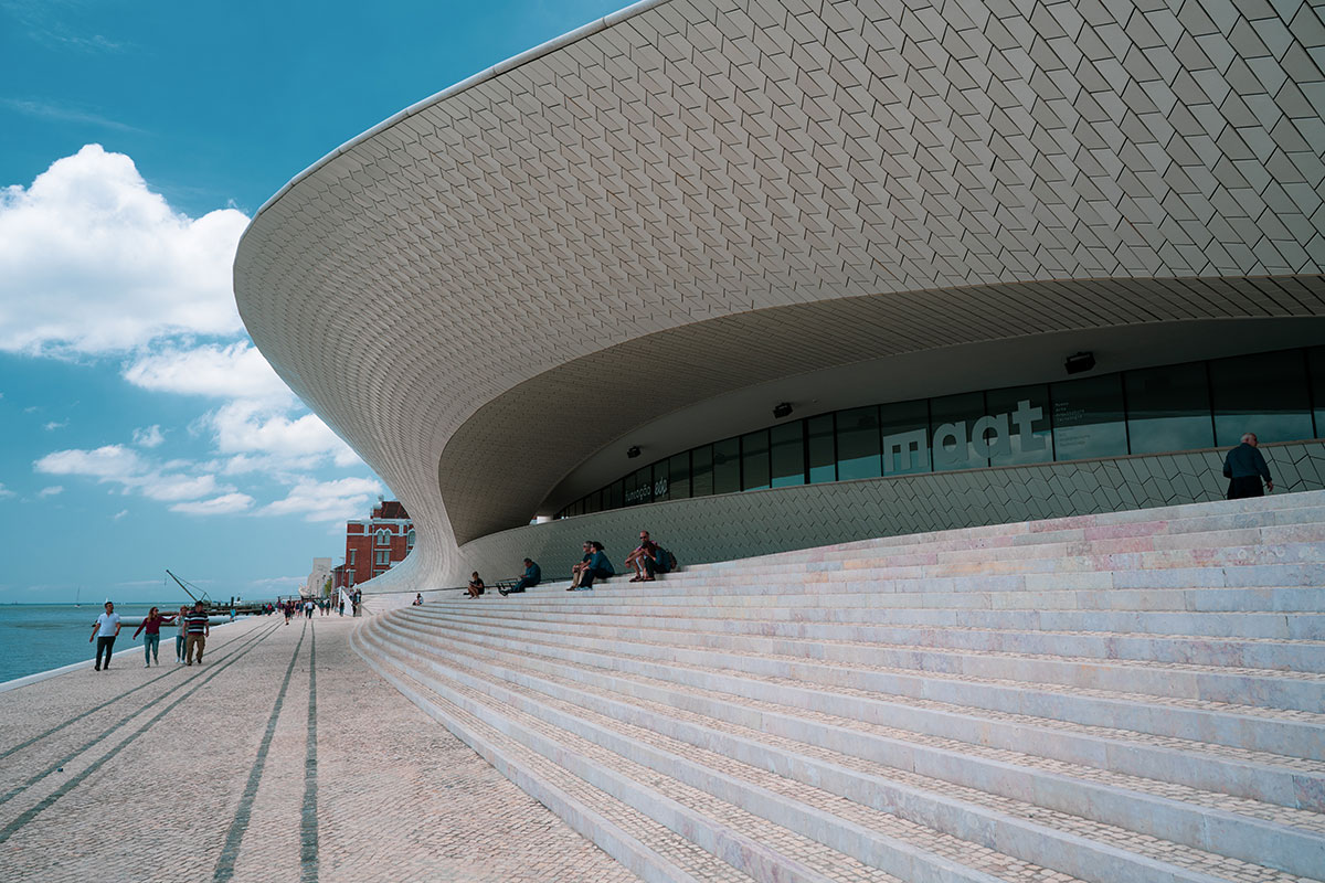 Futuristic design of the MAAT Museum along the Tagus River.