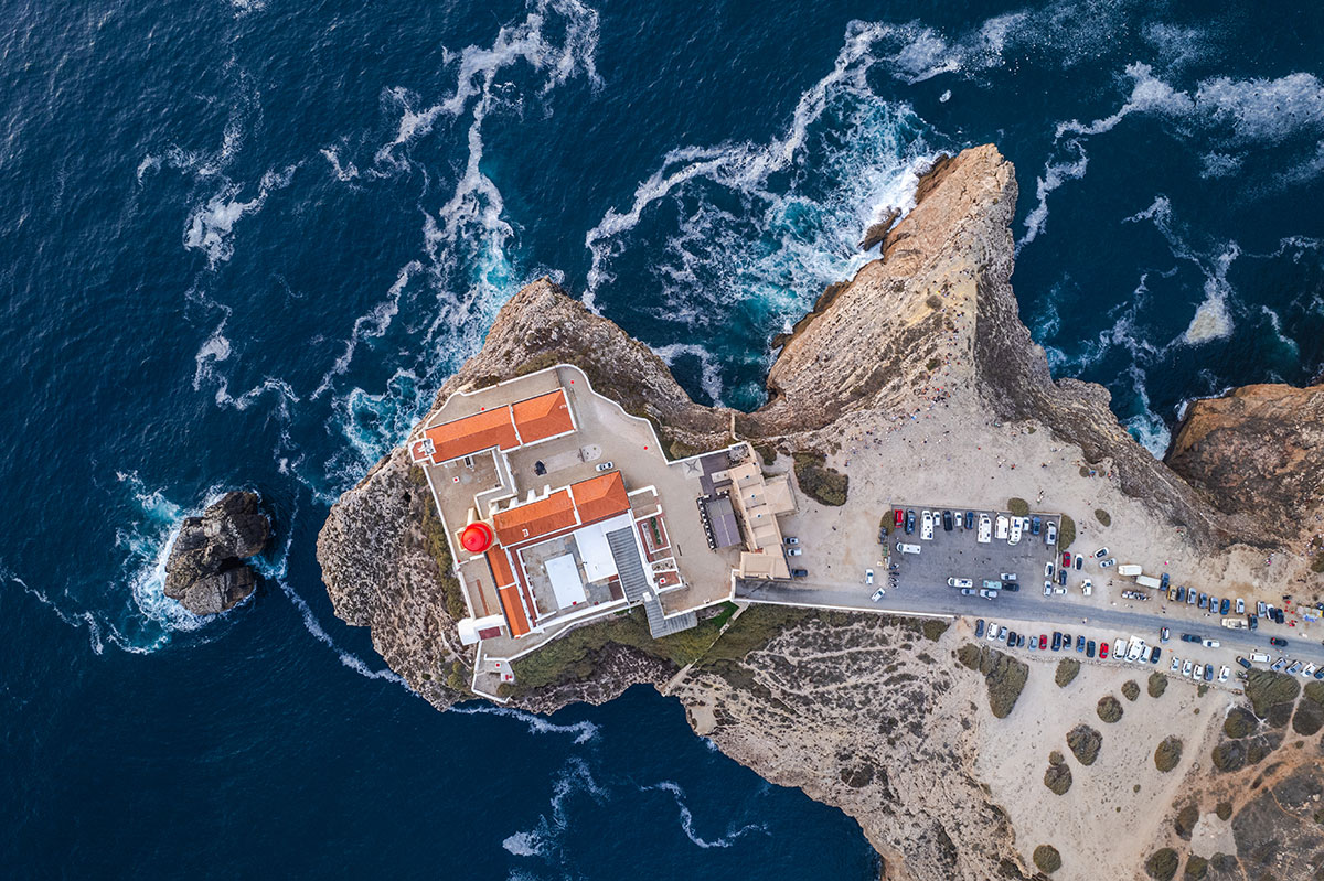 Aerial view of dramatic cliffs and ocean at Sagres, Portugal