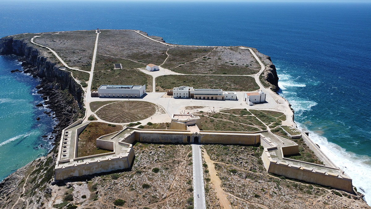 Aerial view of the Sagres Fortress and the wind rose compass