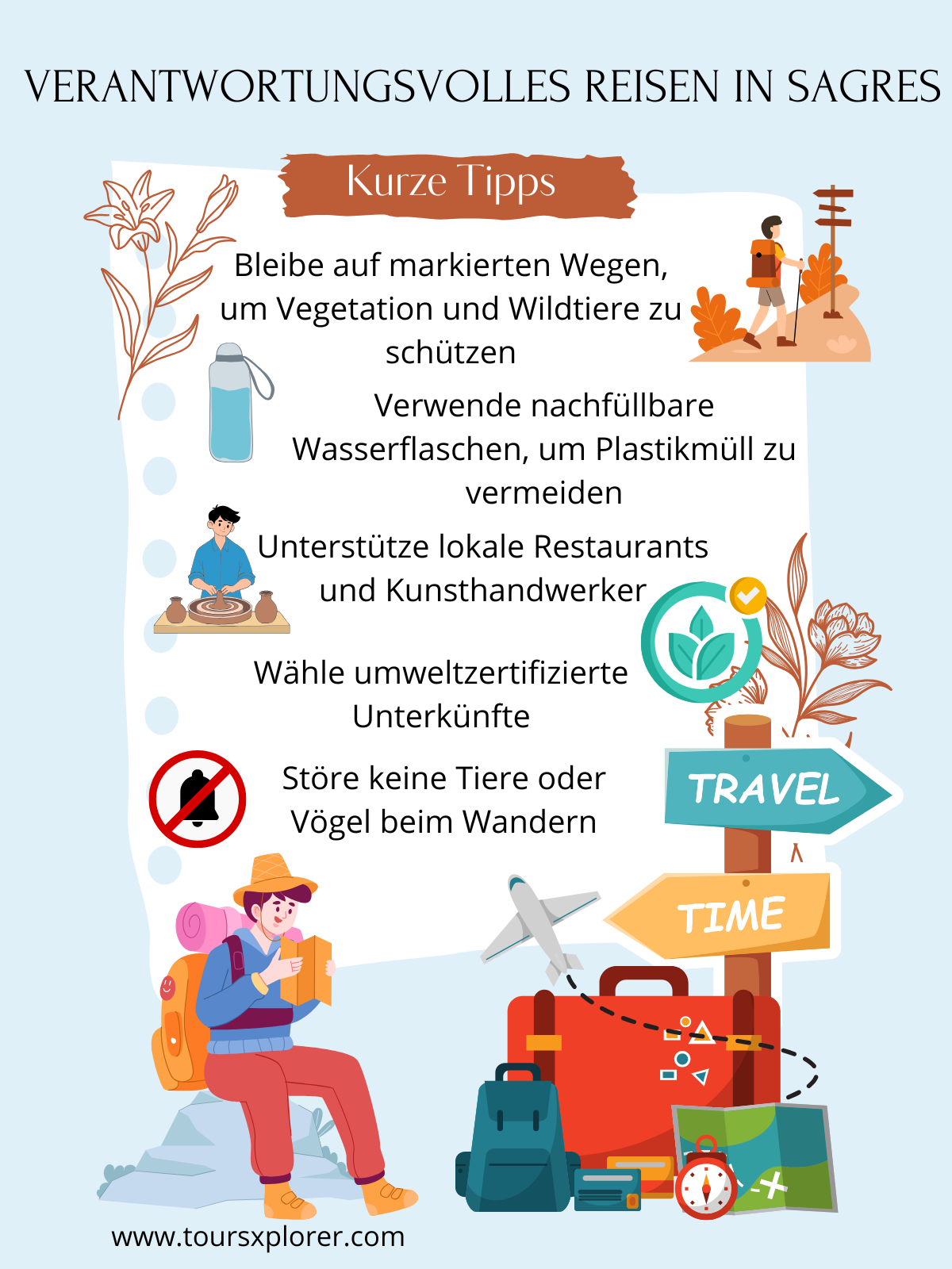 Liste mit verantwortungsvollen Reisetipps für Sagres, einschließlich umweltfreundlicher und gemeinschaftsorientierter Vorschläge