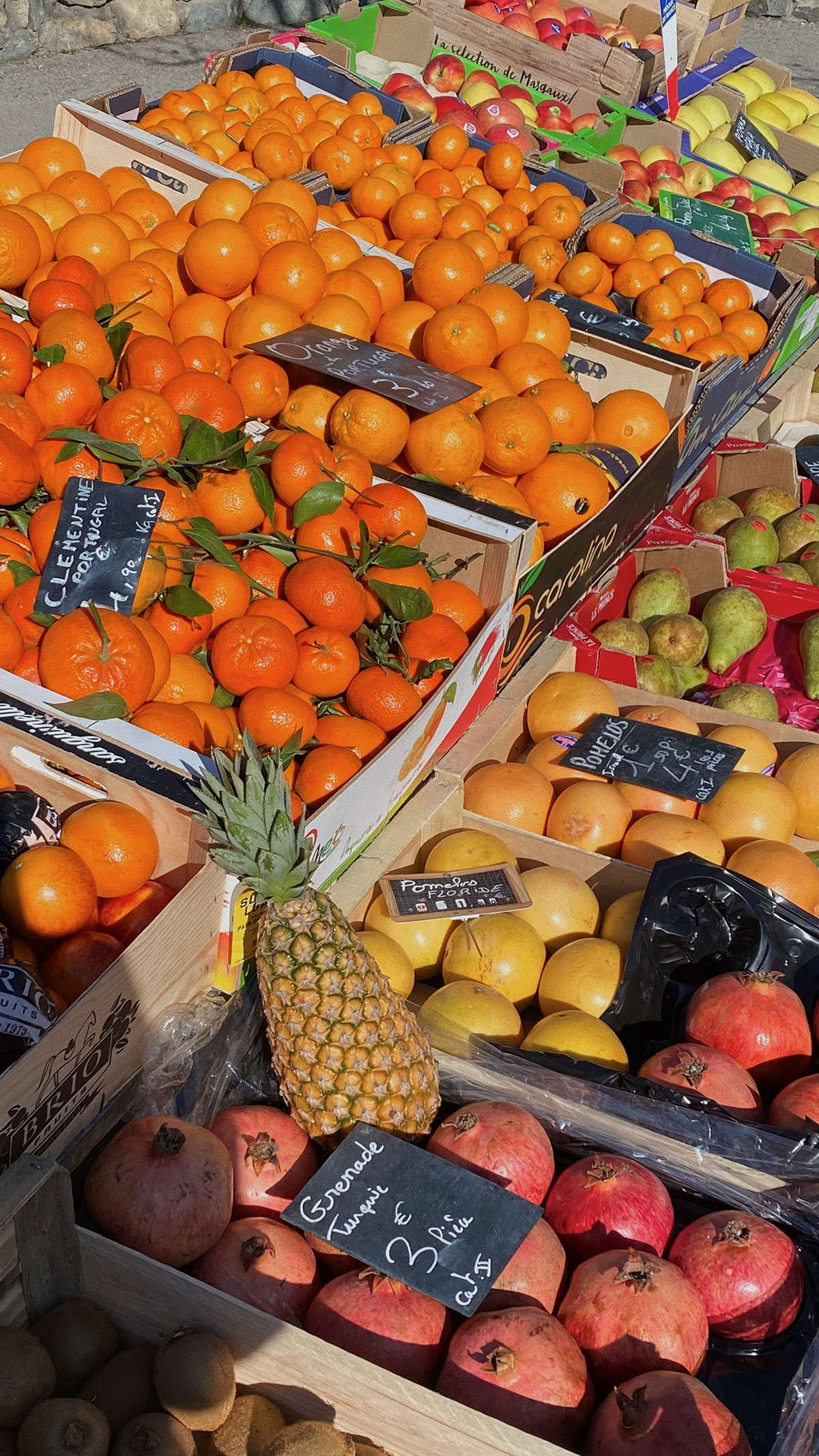 Market stall displaying a variety of fresh fruits and vegetables