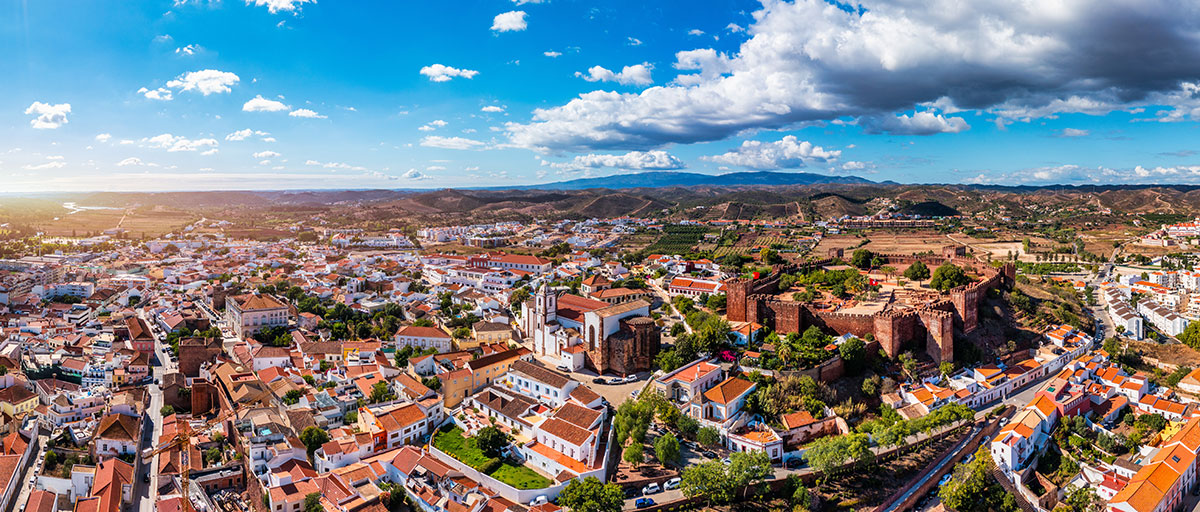 Aerial view of Silves with its castle and terracotta rooftops.