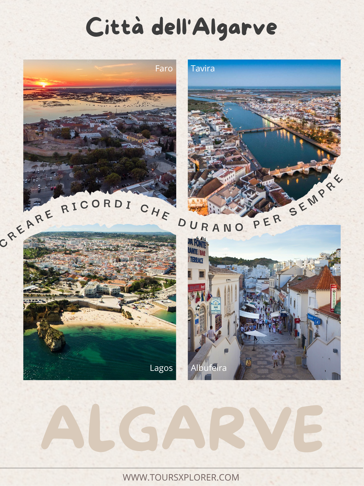 Collage di strade e monumenti di diverse città dell'Algarve.