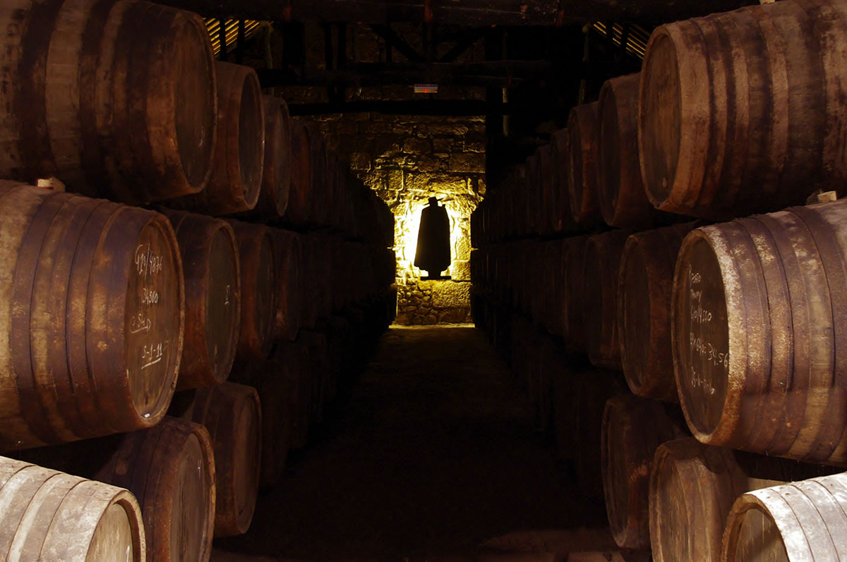 Interior of a traditional port wine cellar with aging barrels