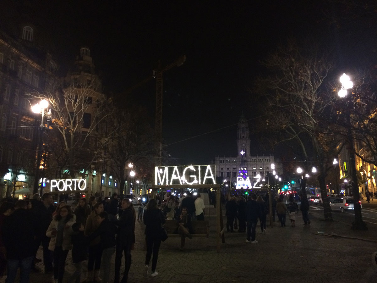 Festive Christmas lights illuminating Porto's city center