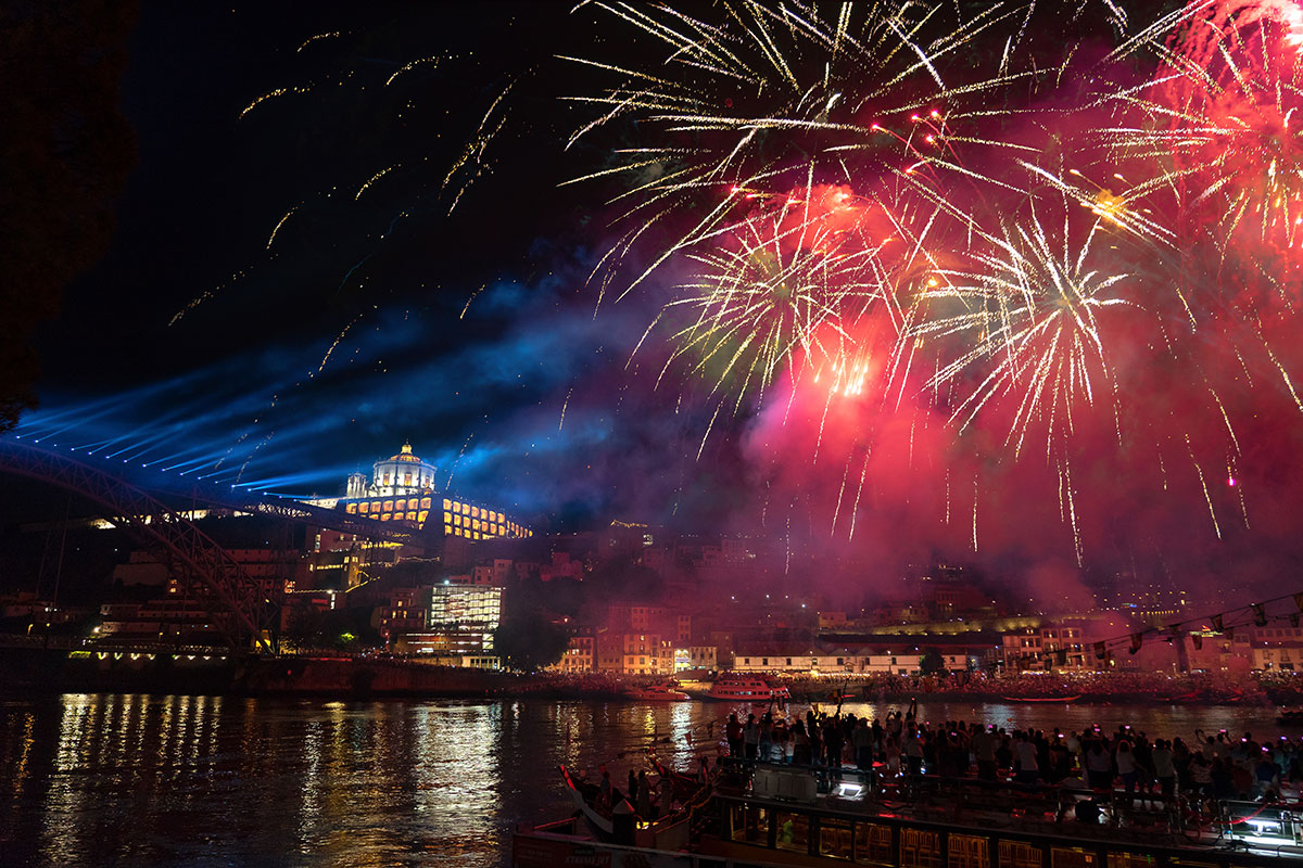 Fireworks display over the Douro River in Porto on New Year's Eve