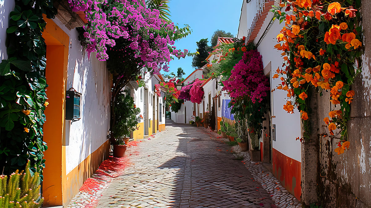 Blooming flowers and vibrant colors in Óbidos during the spring season.