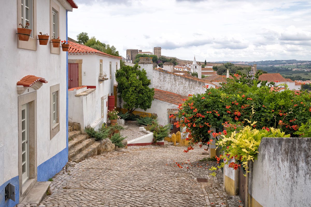  charming cobblestone street in Óbidos lined with whitewashed houses, colorful flower pots, and vibrant bougainvillea cascading from windows and balconies.