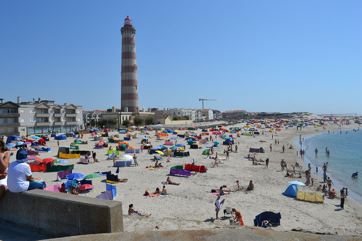 The red-and-white striped lighthouse at Praia da Barra, the tallest in Portugal.