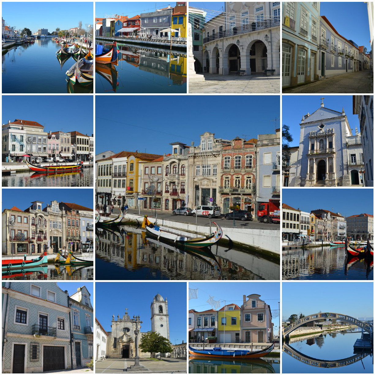 Photo collage of Aveiro featuring Moliceiro boats on the canals, and significant architecture