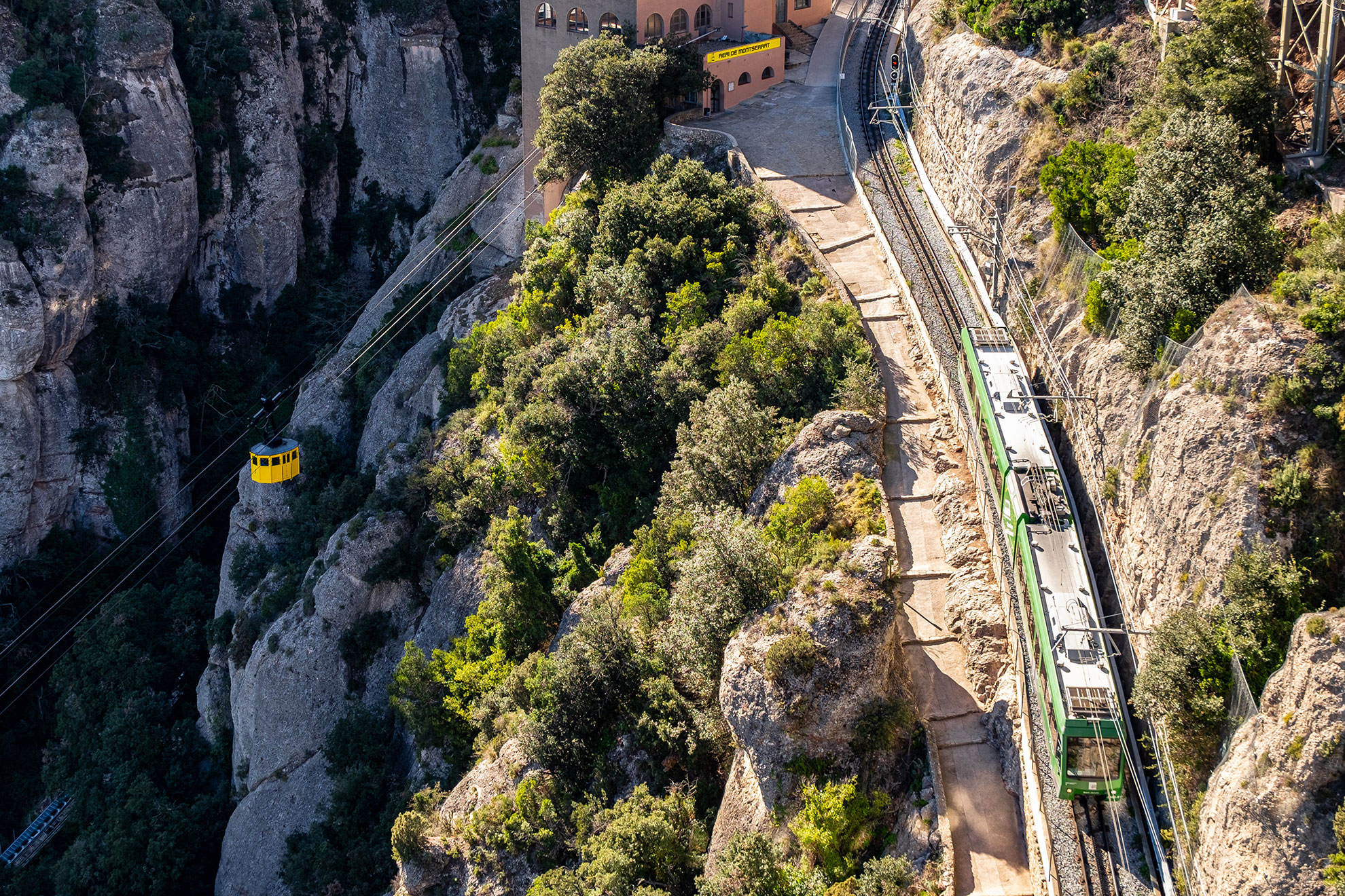 Cremallera train, Montserrat monastery on mountain in Barcelona, Catalonia
