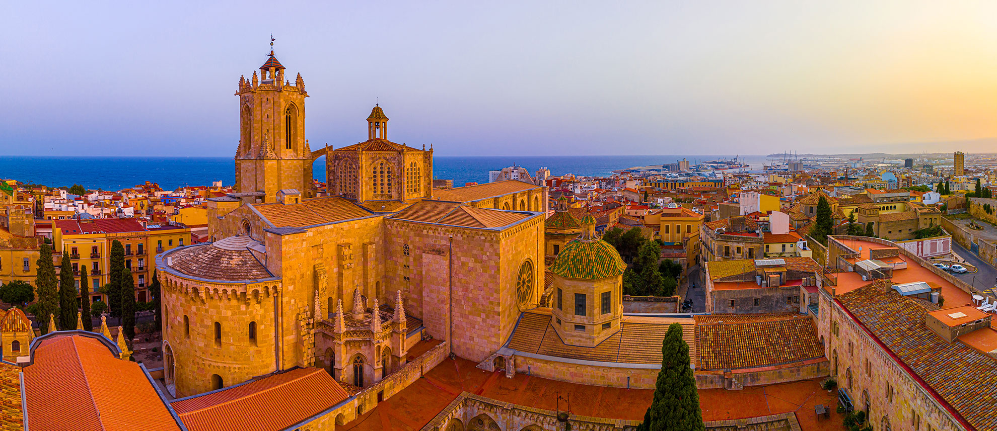 Aerial view of the Primatial Cathedral of Tarragona, a Roman Catholic church in Tarragona, Catalonia, Spain