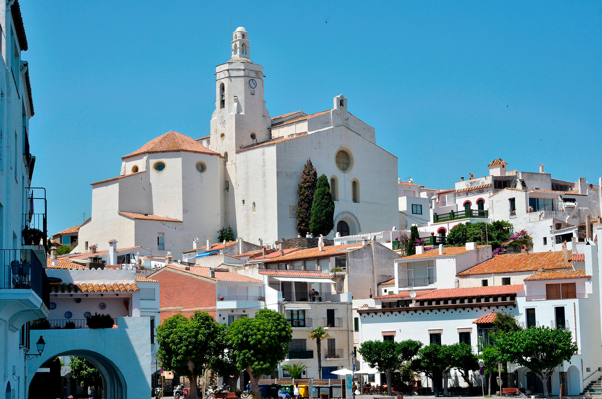 Santa Maria church on the heights of Cadaqués, commune on the Costa Brava at northeastern Catalonia in Spain 