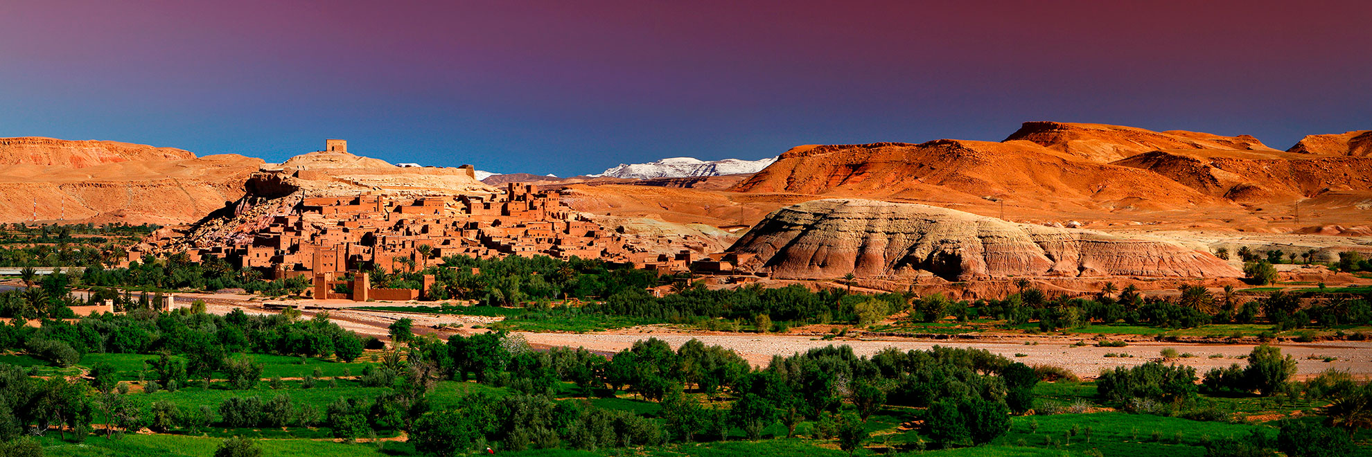 Ouarzazate, Morocco, Kashbah Ait Benhaddou with Asif Mellah river, High Atlas, panorama