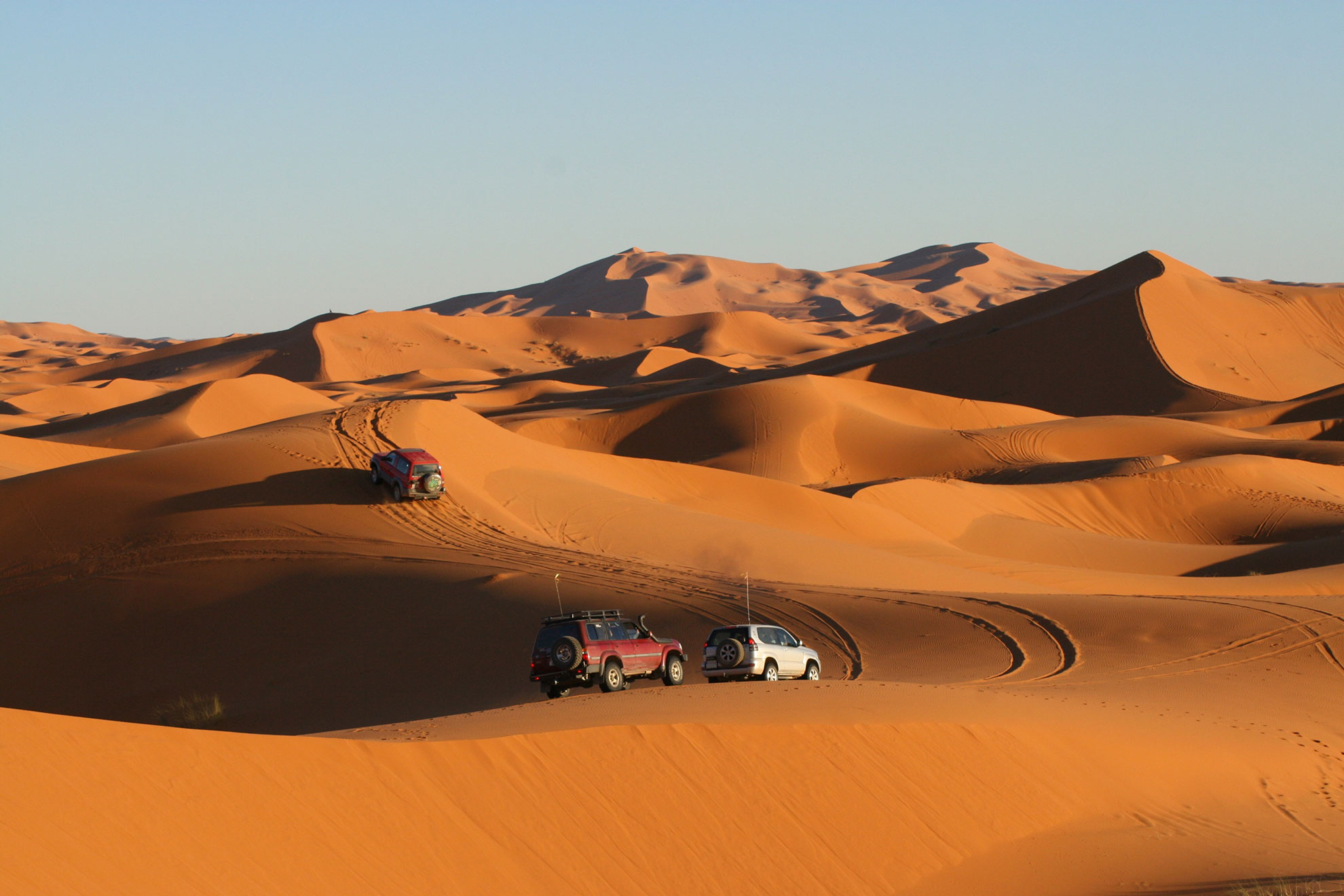 4x4 vehicles in the Erg Chebbi dunes in Morocco
