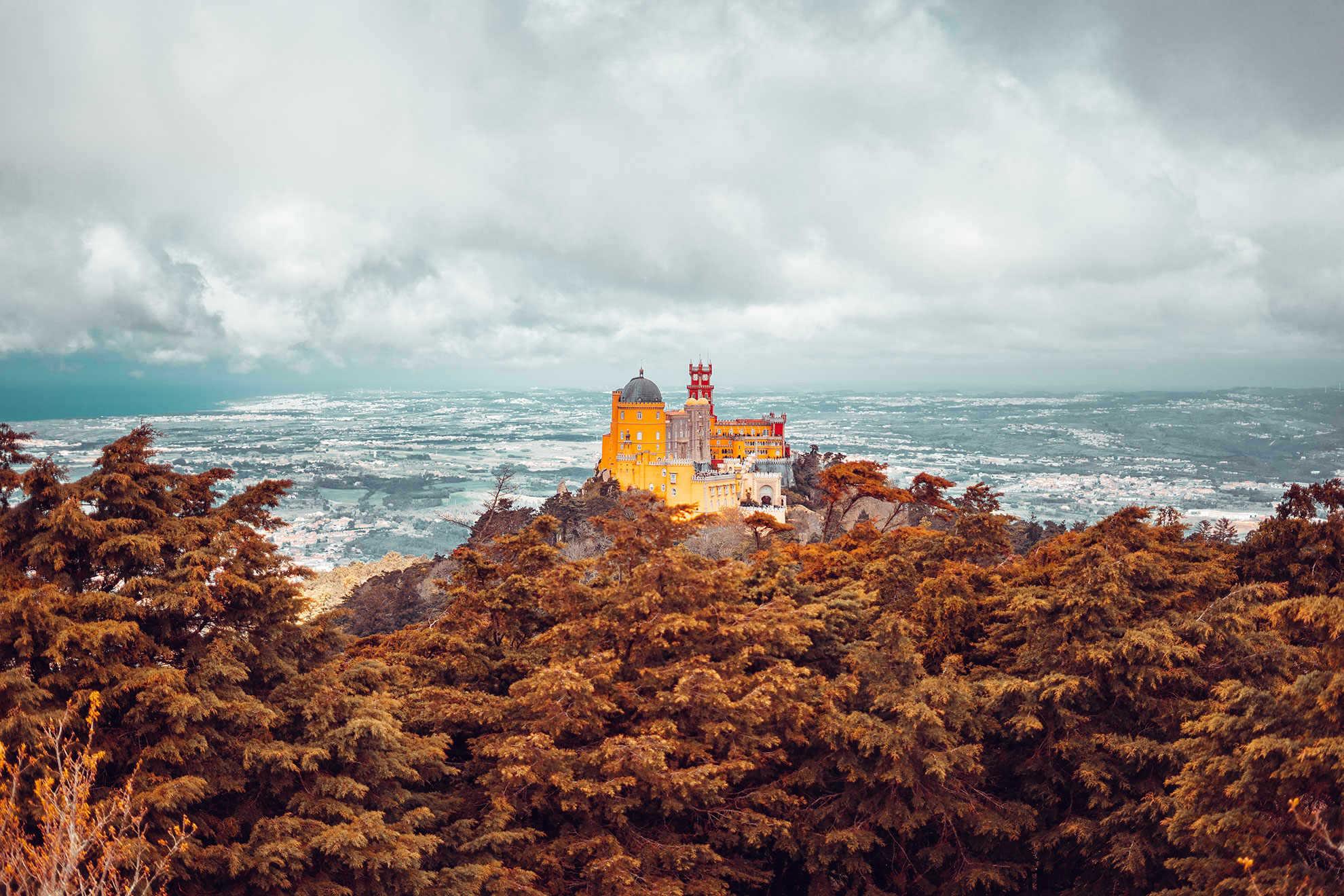 Landscape of Sintra with the Pena Palace on a mountain