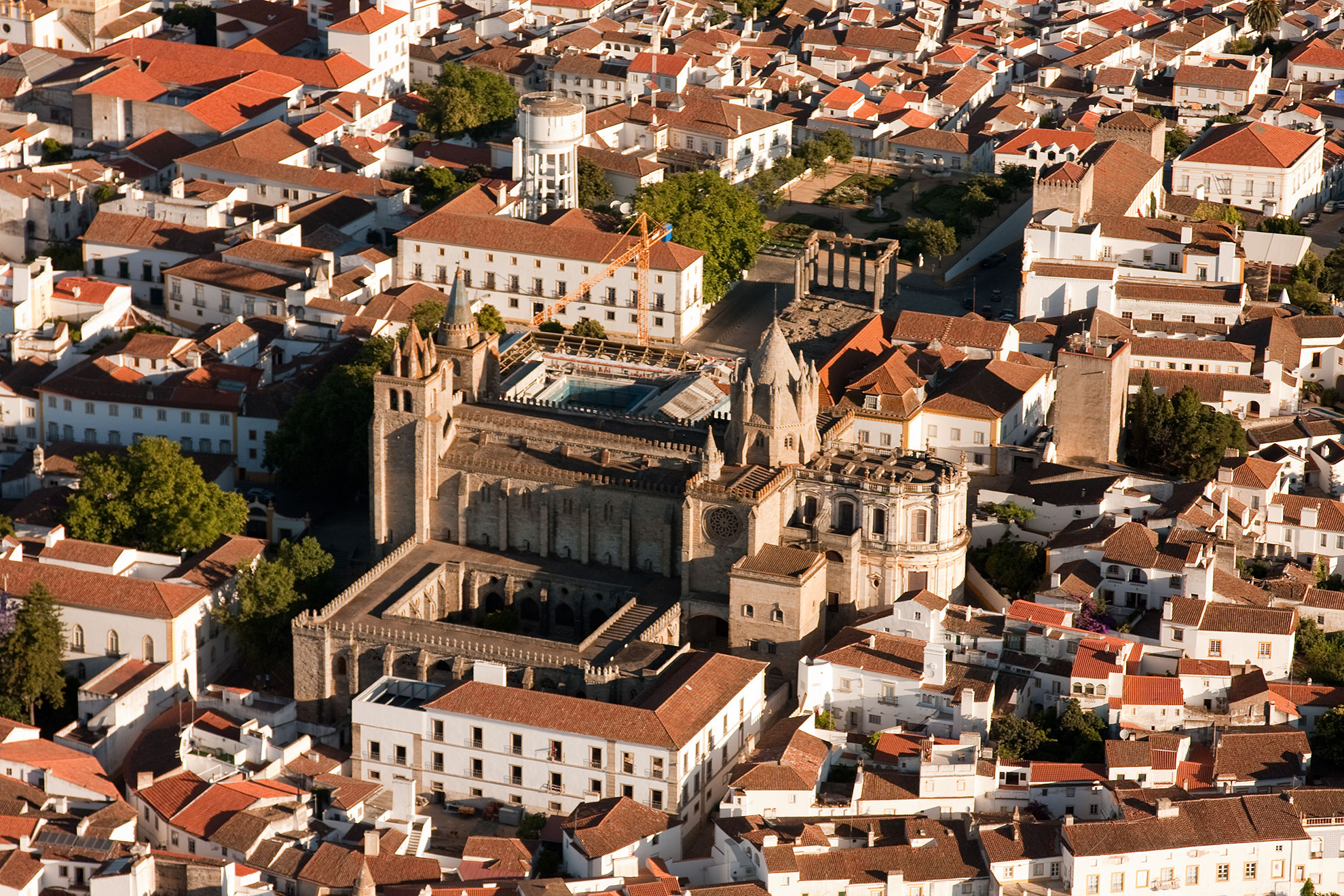 Aerial view of Évora Cathedral dominating the UNESCO World Heritage historic centre, Alentejo, Portugal
