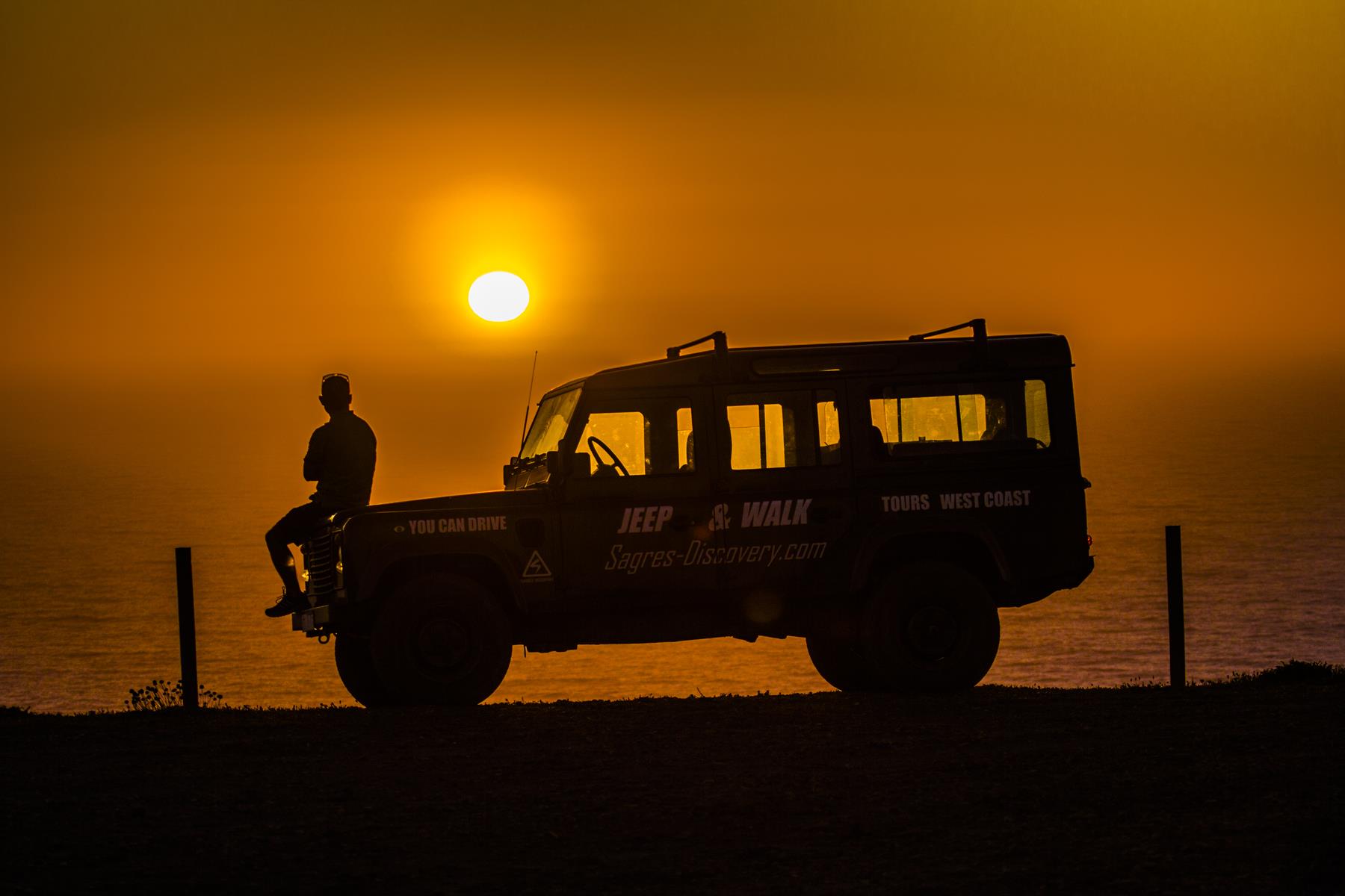 Jeep safari sunset tour near Sagres, Algarve, off-road track along the Atlantic cliffs