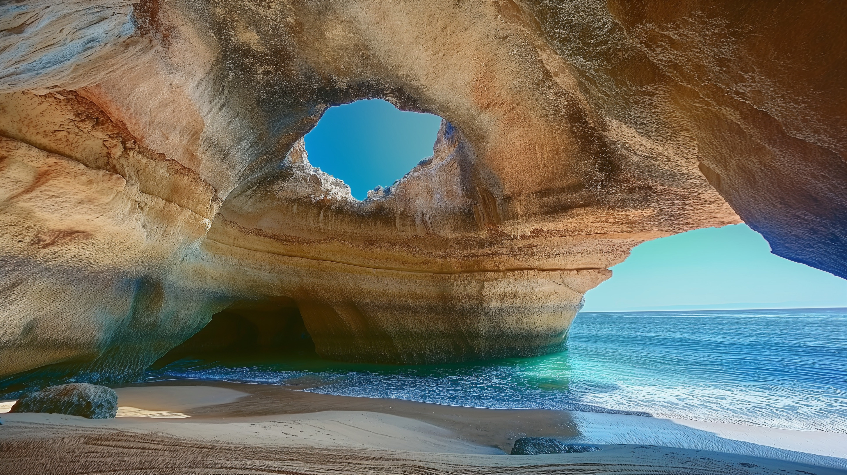 Interior of the famous Benagil Cave in the Algarve, domed ceiling with natural sky opening and turquoise water below