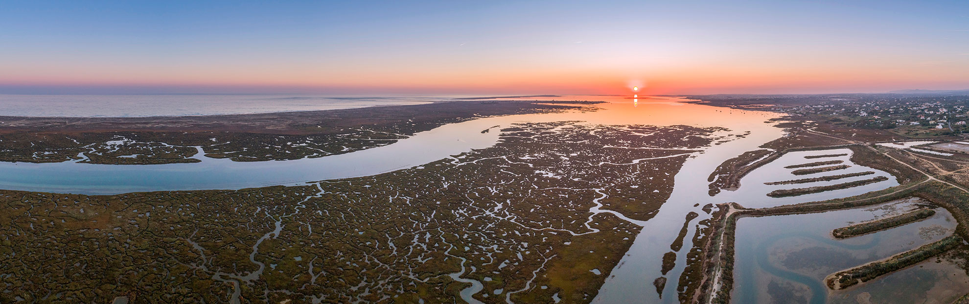 Ria Formosa Natural Park lagoon and barrier islands near Faro, Algarve, calm turquoise water