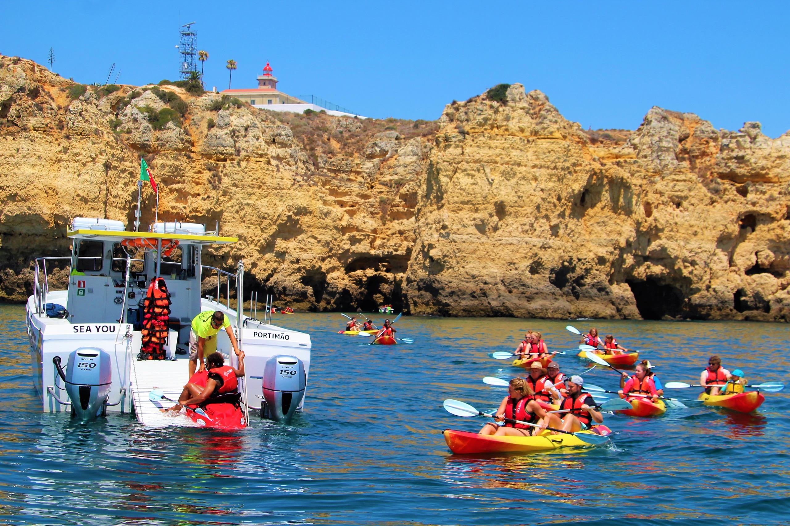 Catamaran departing from Lagos Marina towards Ponta da Piedade for a kayak tour