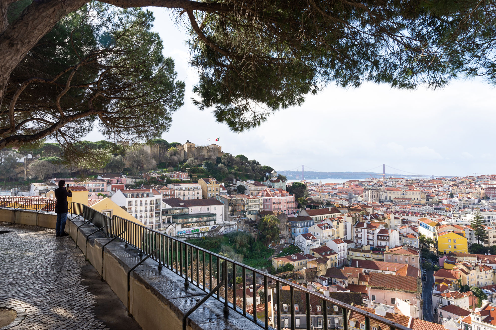 Panoramic view of Lisbon's Alfama neighbourhood from a hilltop miradouro