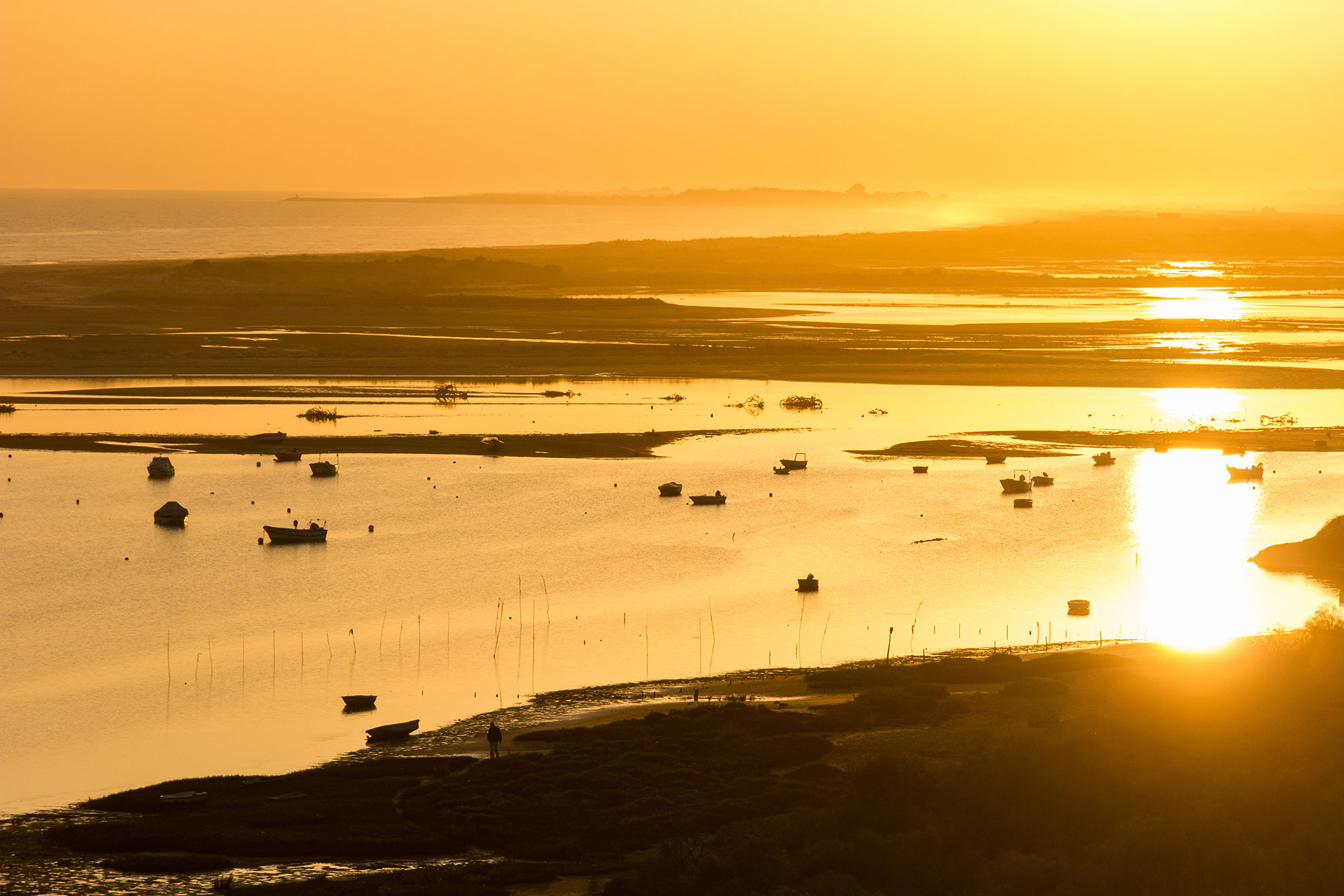 Flat-bottomed boat moving through the tidal channels of Ria Formosa Natural Park
