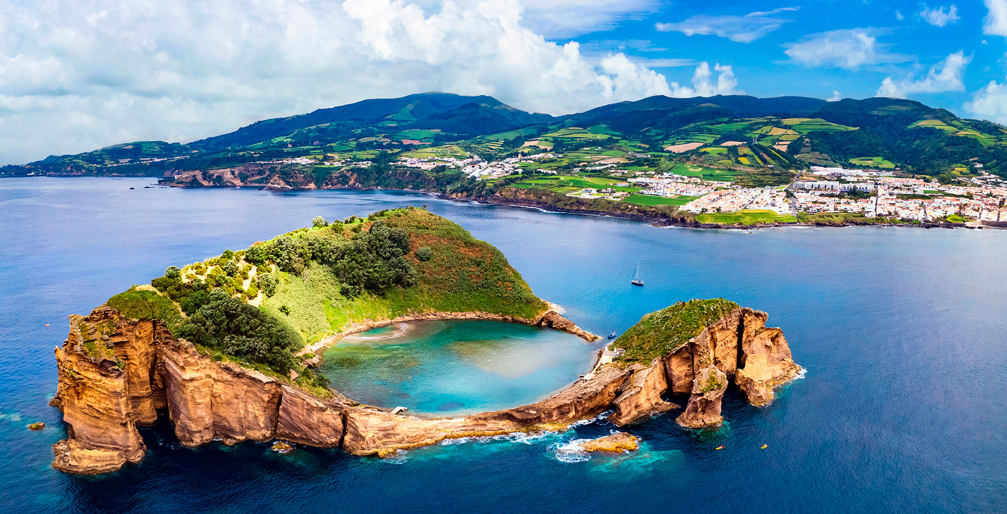 Aerial view of the Ilhéu de Vila Franca do Campo and its circular volcanic lagoon