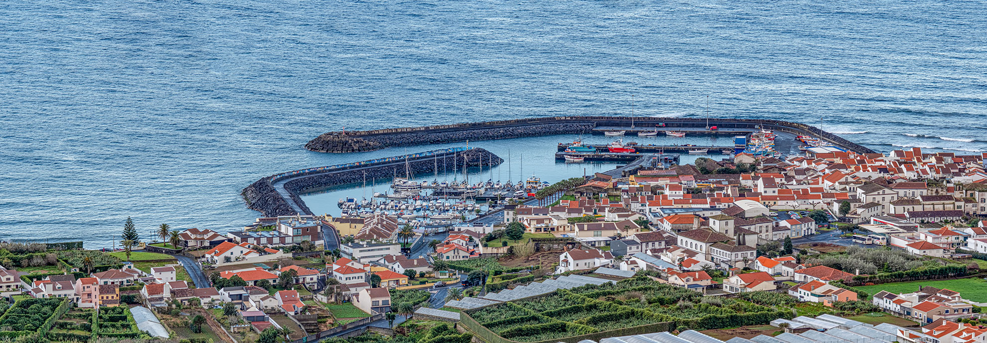 Vila Franca do Campo town centre and marina with traditional architecture