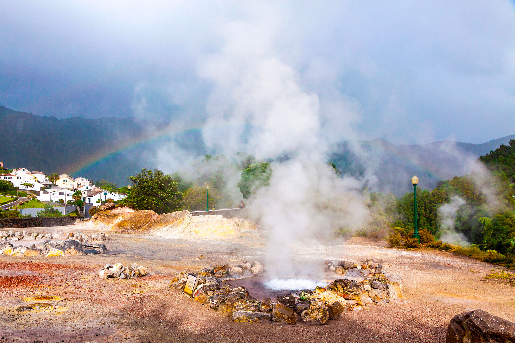Steaming caldeiras and lush crater valley of Furnas, São Miguel, Azores