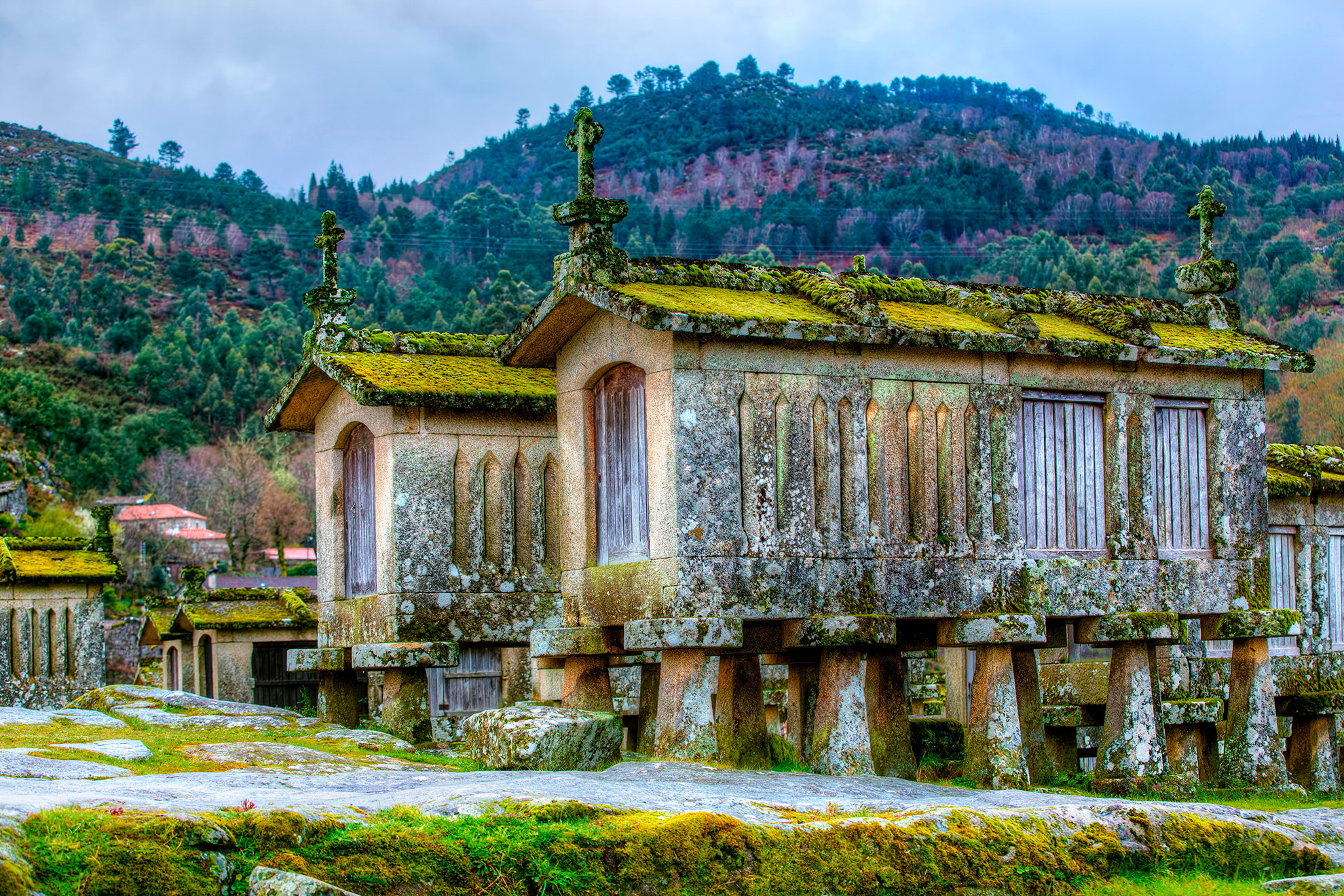 Stone espigueiros (granaries) of Lindoso village in Peneda-Gerês
