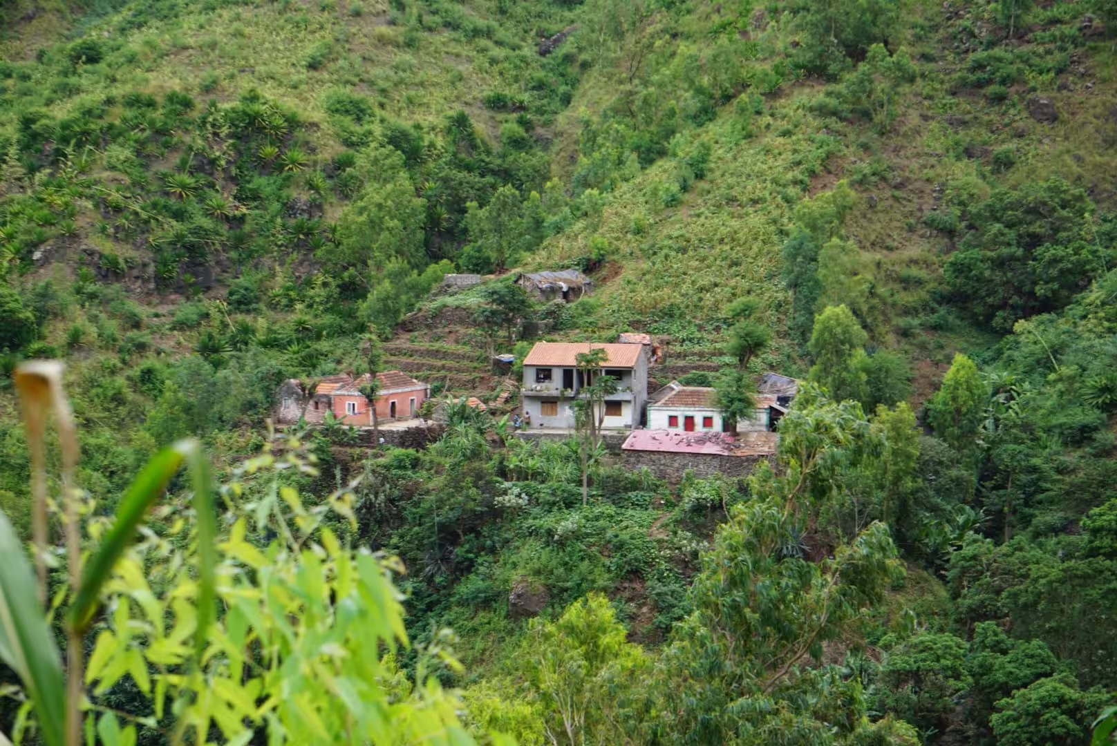 Hikers descending a lush green trail through Serra Malagueta Natural Park on Santiago Island, Cape Verde, with traditional valley settlements visible below