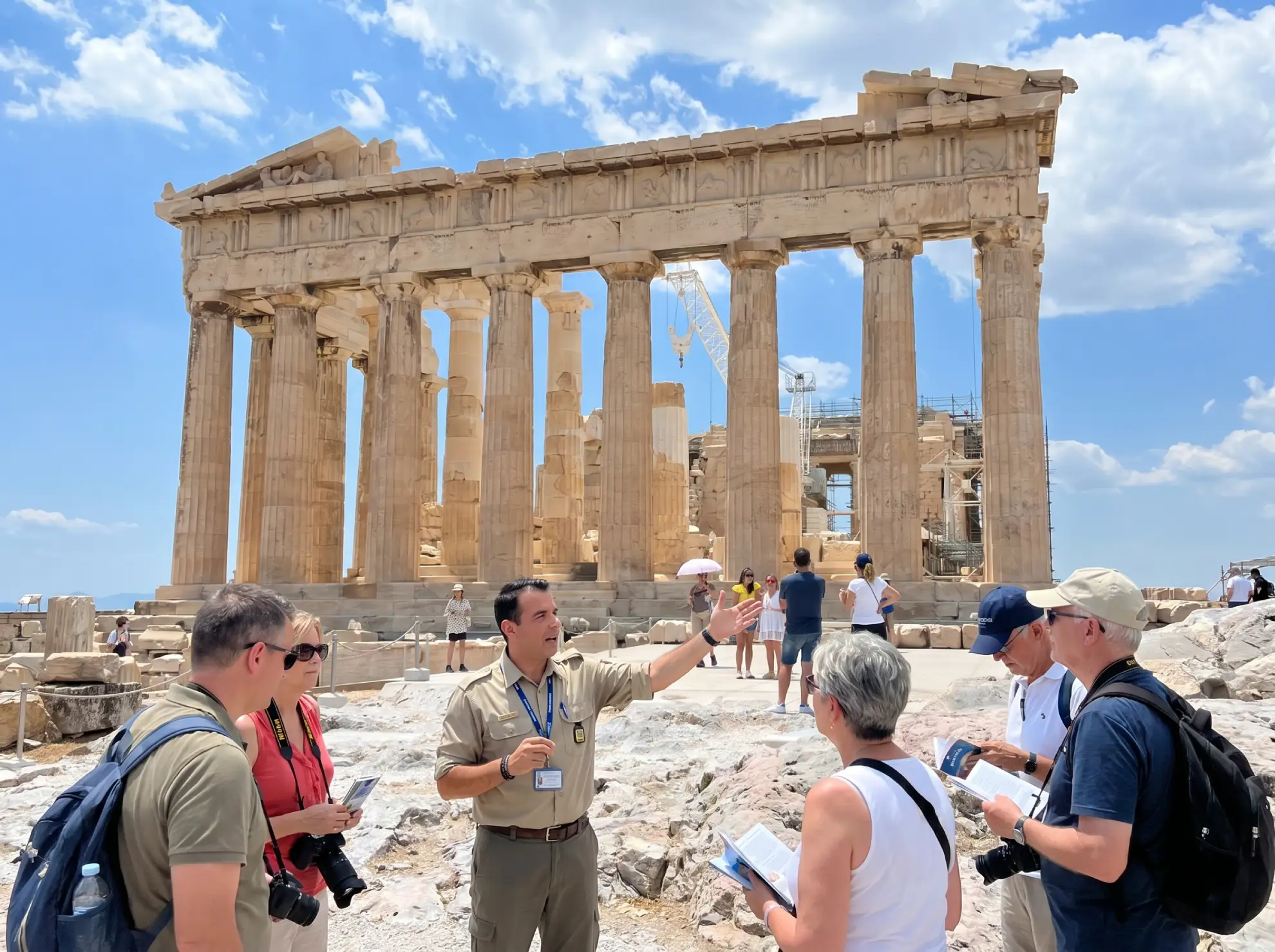 Licensed guide speaking to a small group at the Parthenon on the Acropolis of Athens