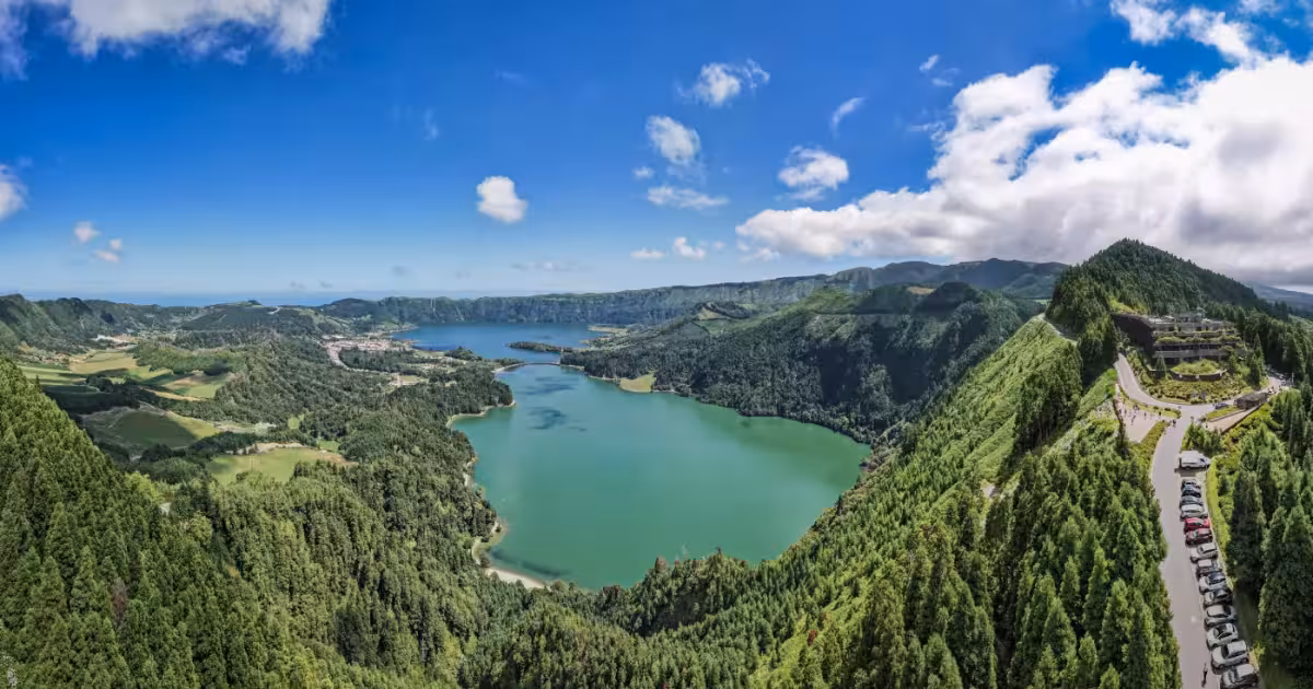 Twin crater lakes of Sete Cidades seen from Vista do Rei viewpoint S&atilde;o Miguel.