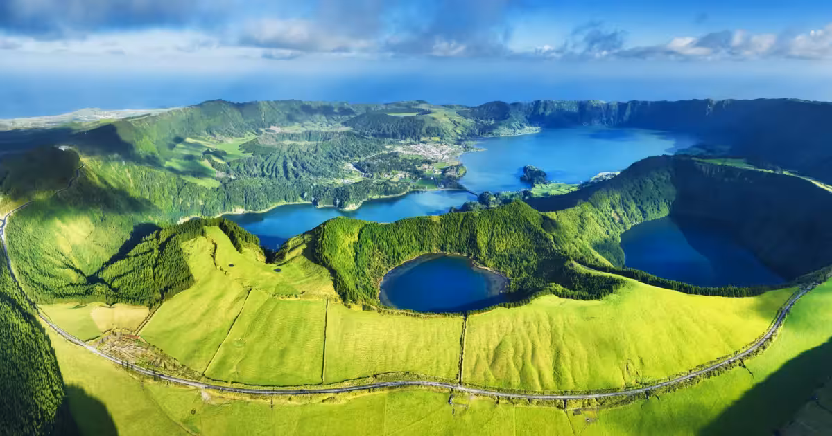 Twin crater lakes of Sete Cidades on S&atilde;o Miguel Island, Azores, Portugal.