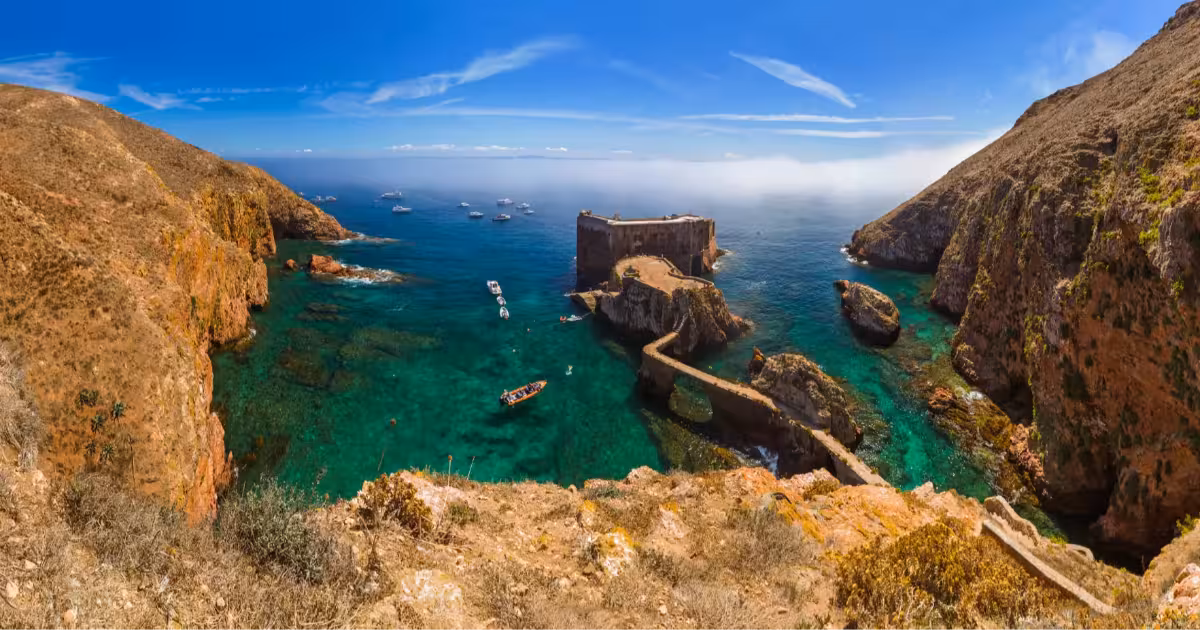 Aerial view of Berlenga Island and Fort S&atilde;o Jo&atilde;o Baptista on the Atlantic Ocean